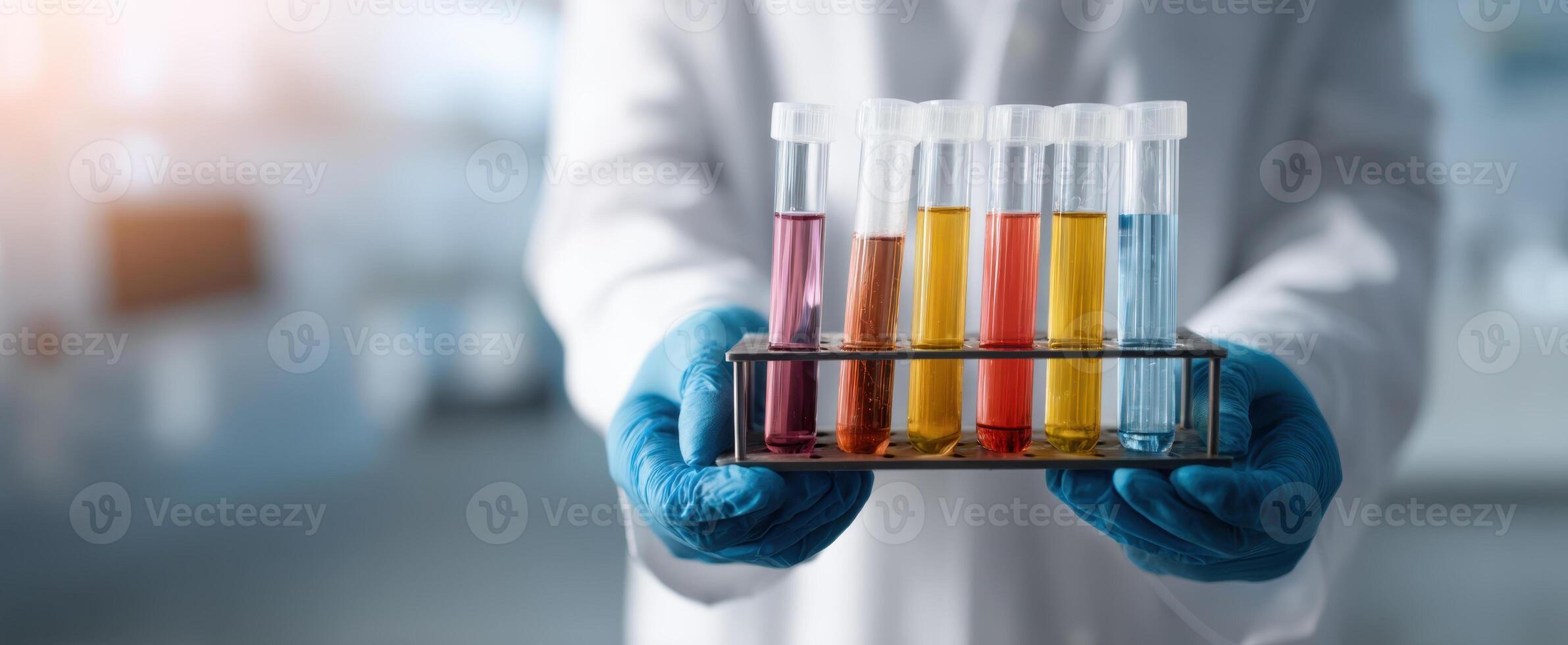 The Scientist Holding a Rack of Colorful Test Tubes in a Laboratory Setting photo