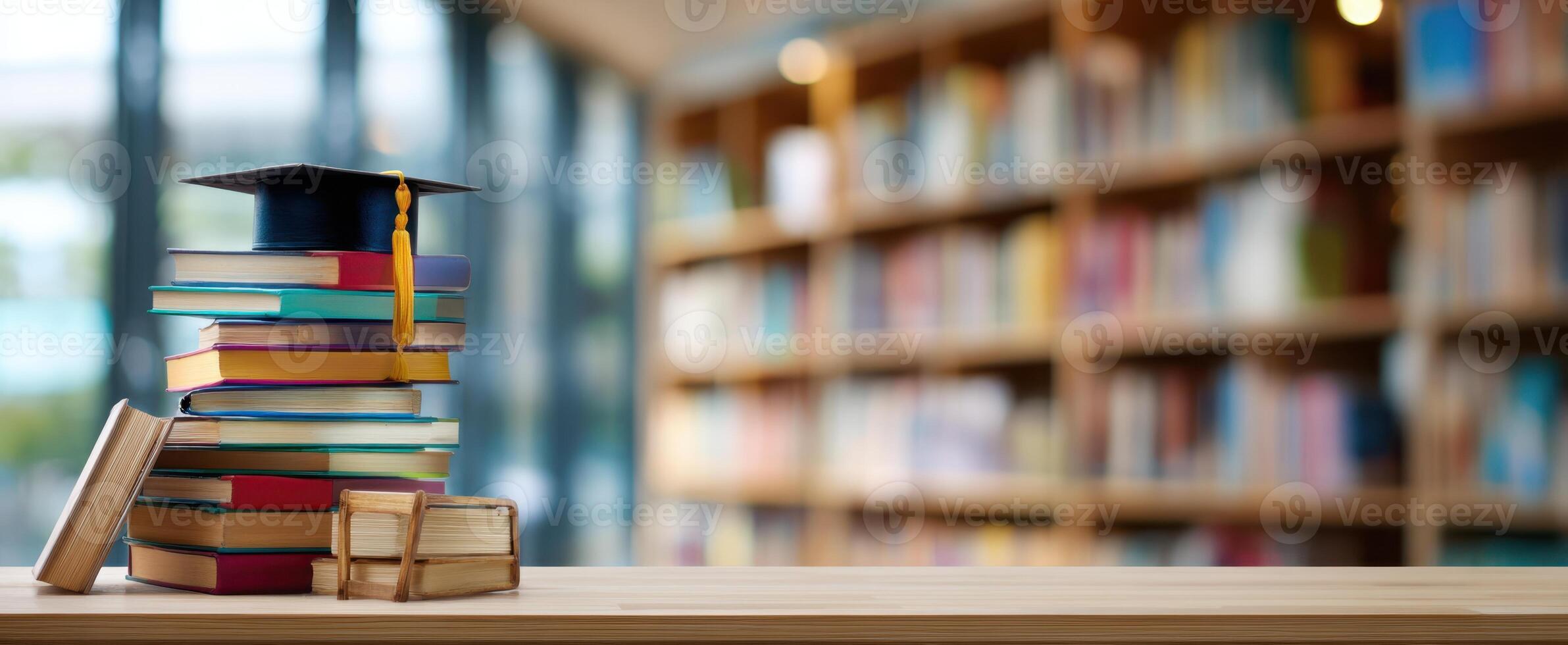 The Graduation Cap on a Stack of Colorful Books in a Library Setting photo