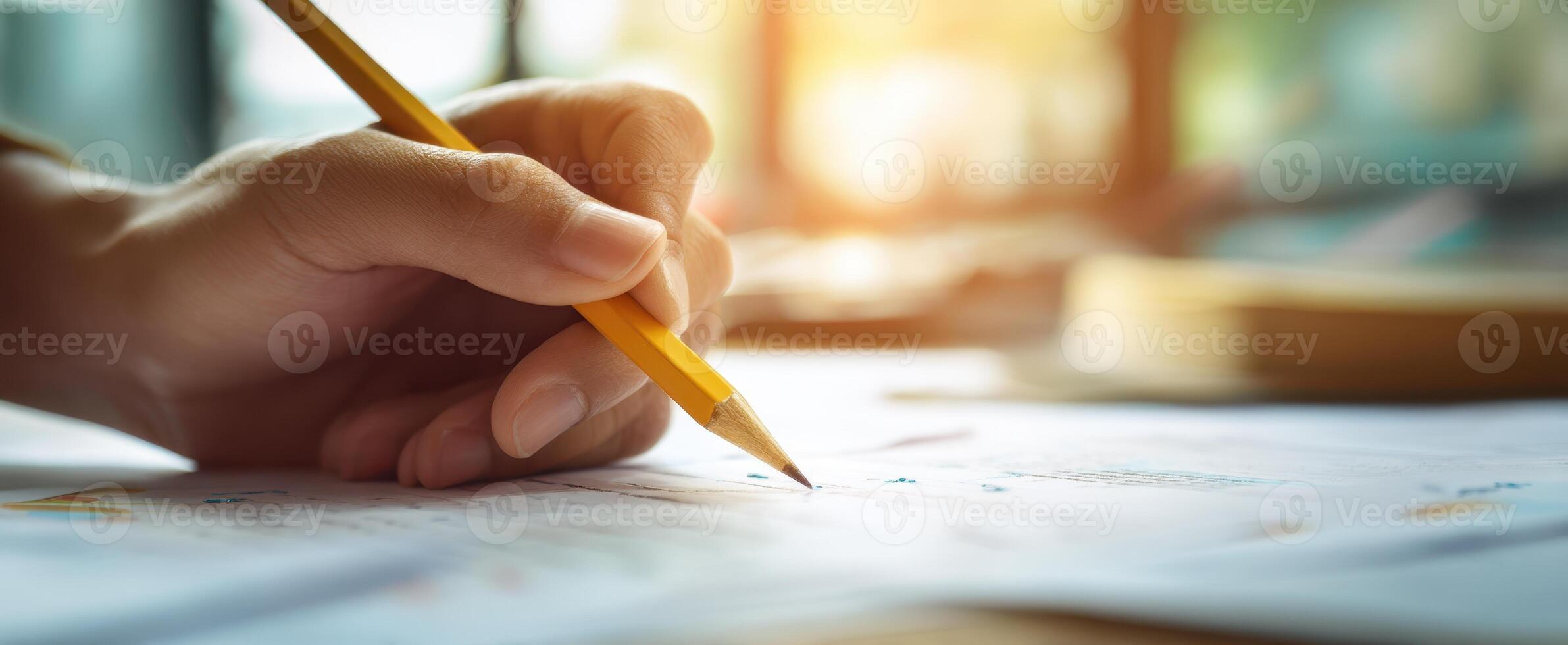 The hand writing with a pencil on documents in a bright workspace. photo