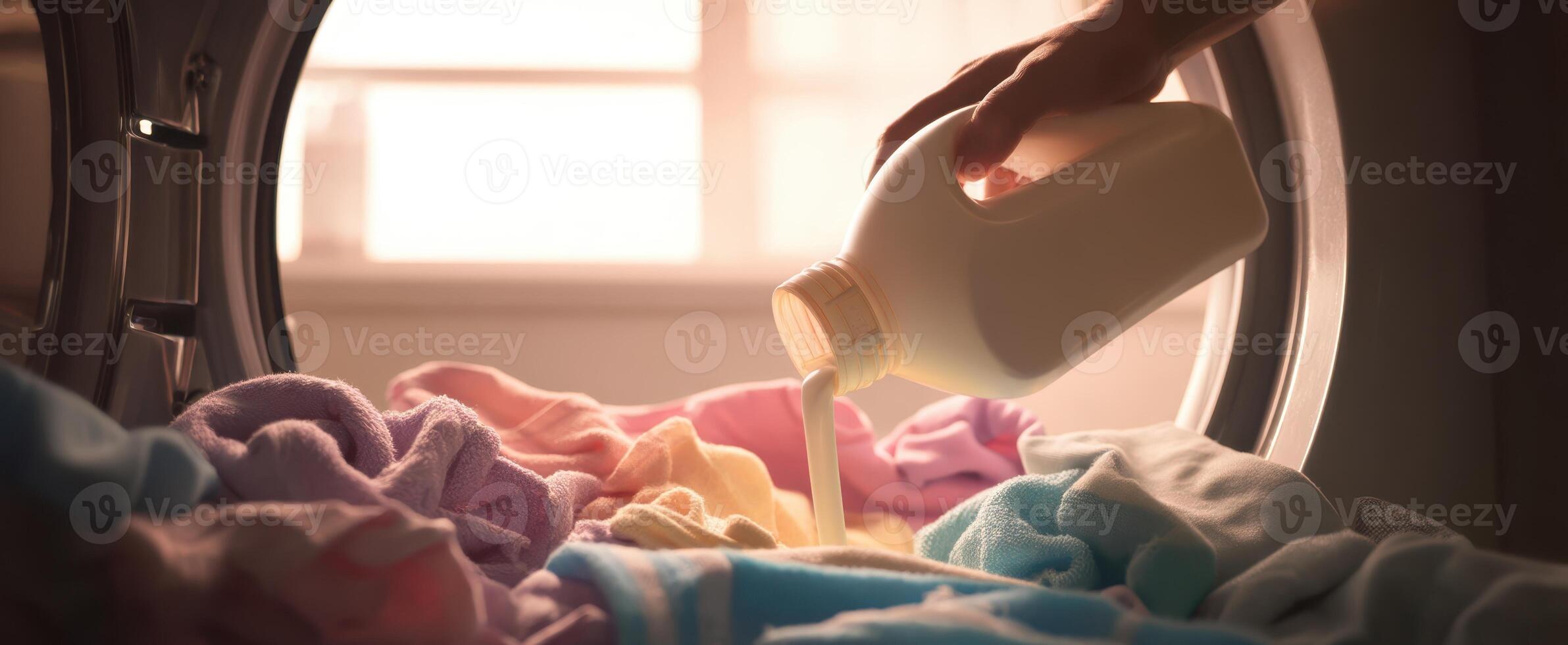 The detergent being poured into a washing machine filled with colorful laundry. photo