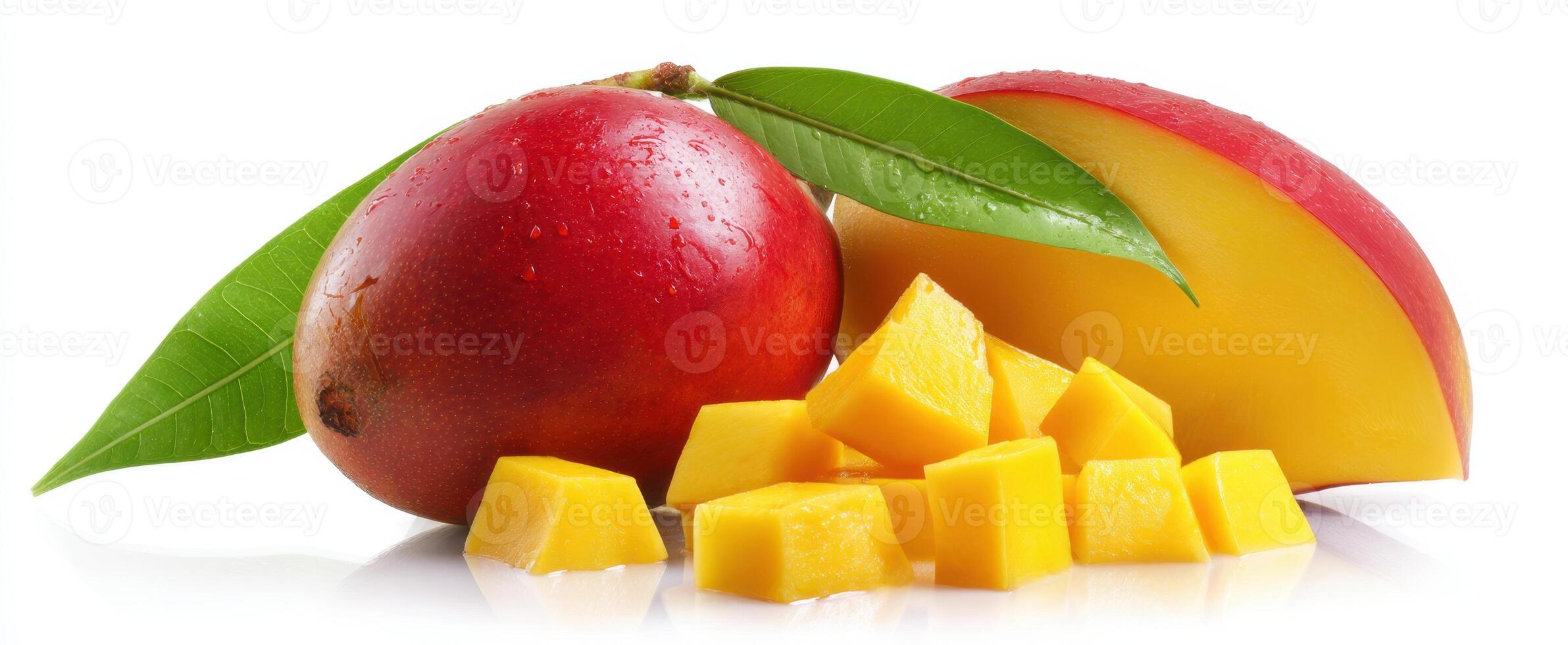 The vibrant mango with fresh slices and rich colors on a white background. photo