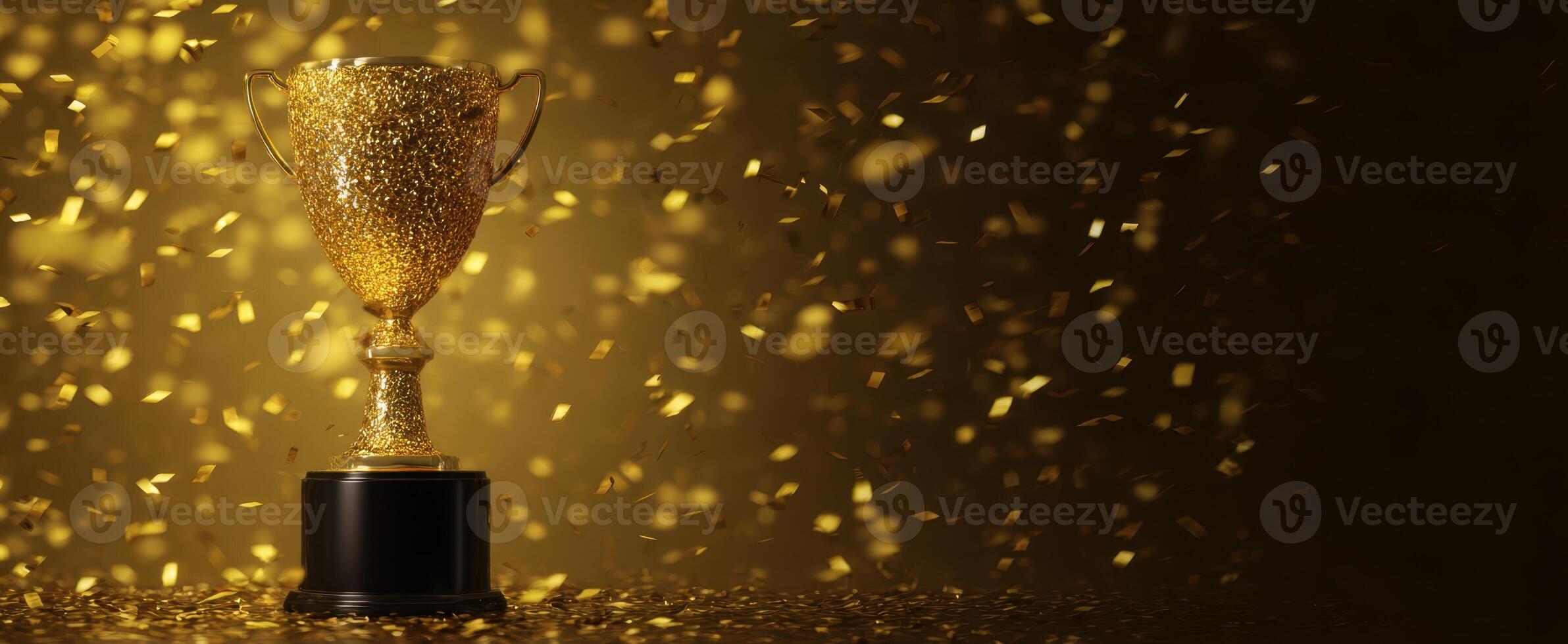 The shimmering gold trophy surrounded by festive confetti celebration. photo