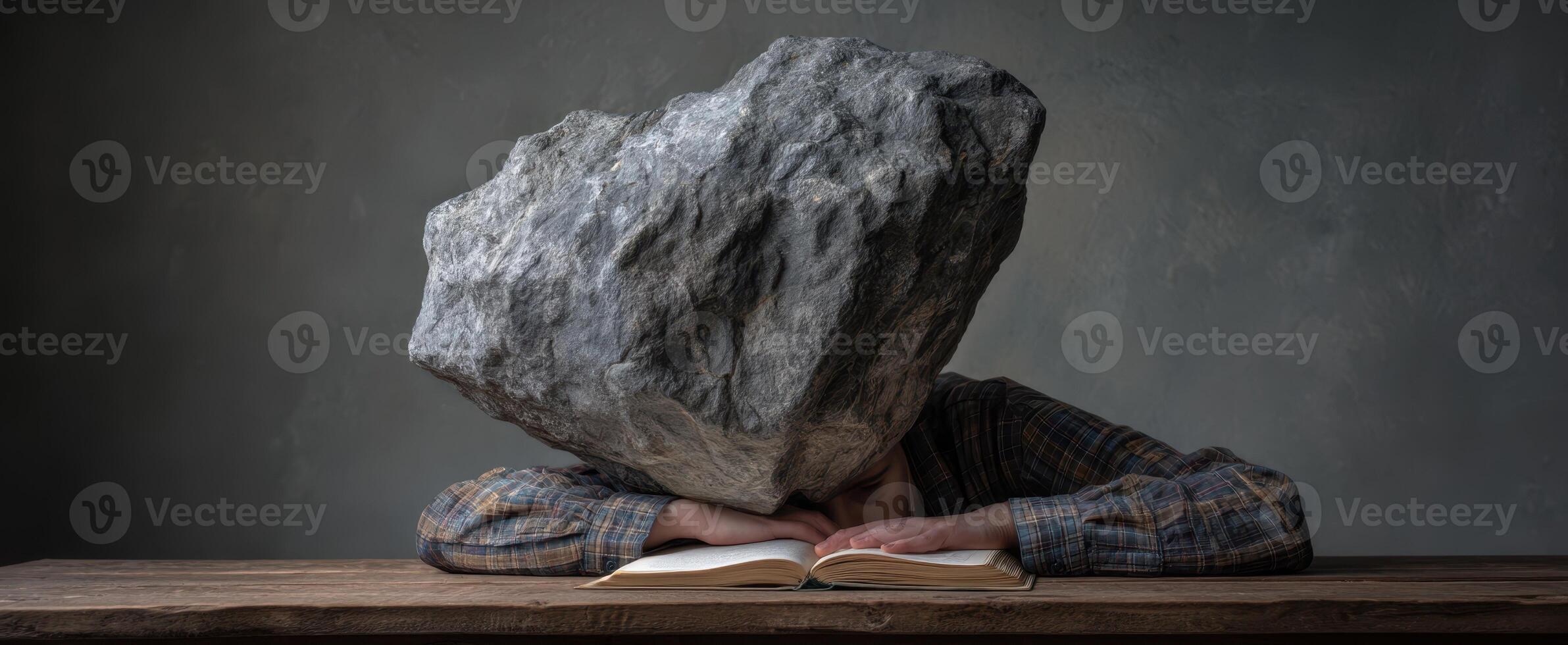 The rock head resting on a person reading a book in contemplation. photo