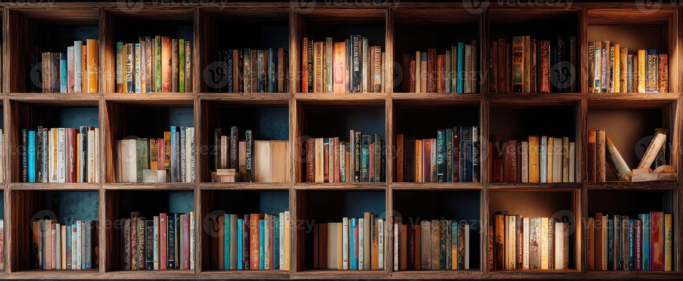 The beautifully arranged bookshelf showcasing a diverse collection of books. photo