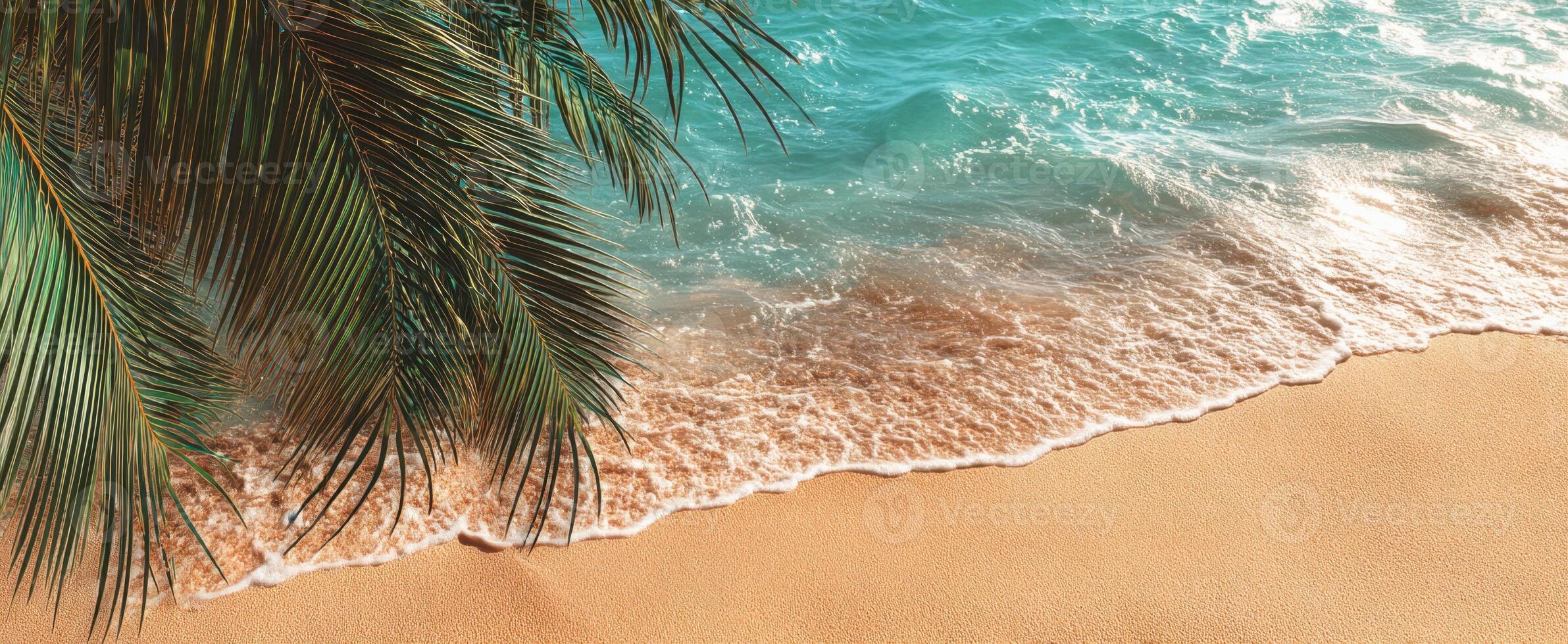 The stunning beach with turquoise waves and swaying palm trees on the shore. photo
