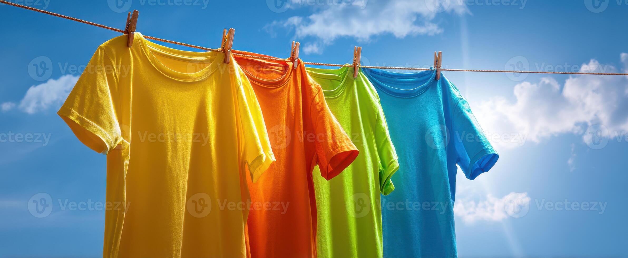 The colorful shirts hanging on a clothesline under a bright blue sky. photo