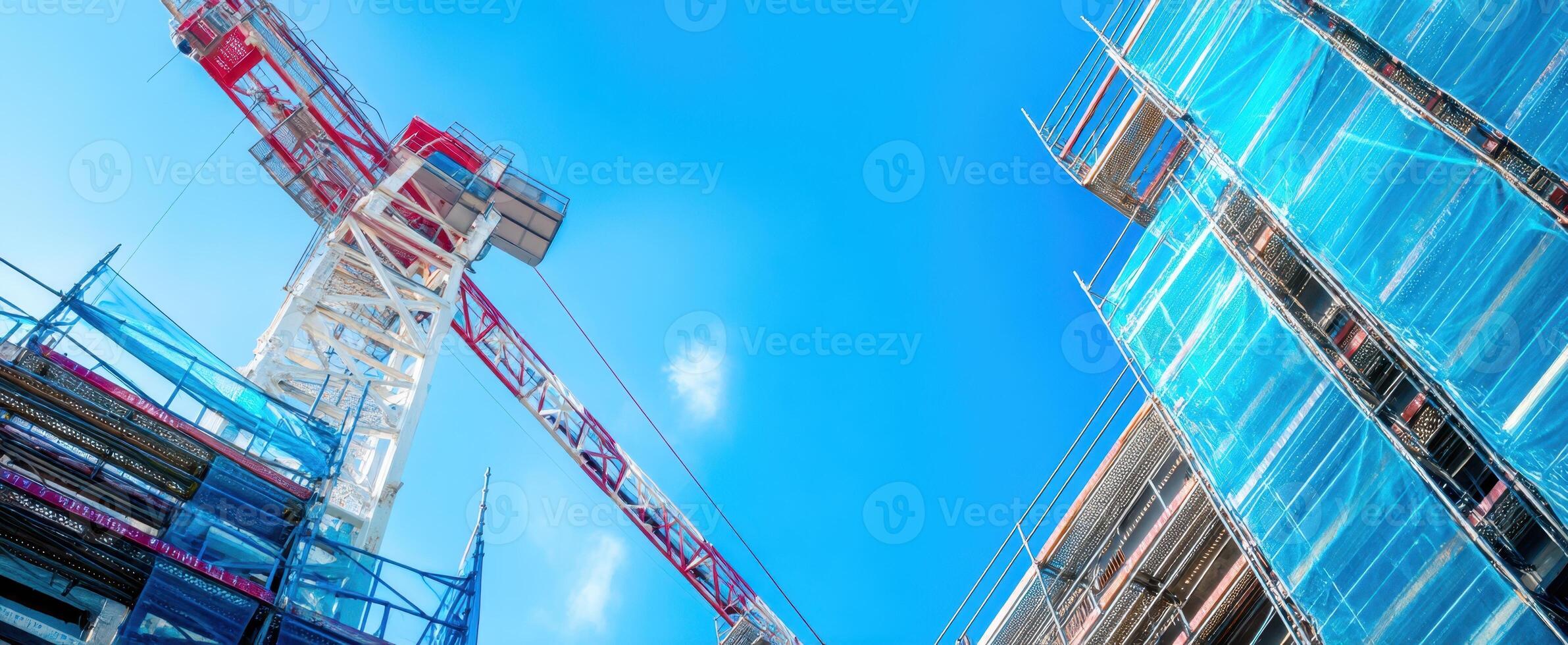 The construction crane towering over a building site under a bright blue sky. photo