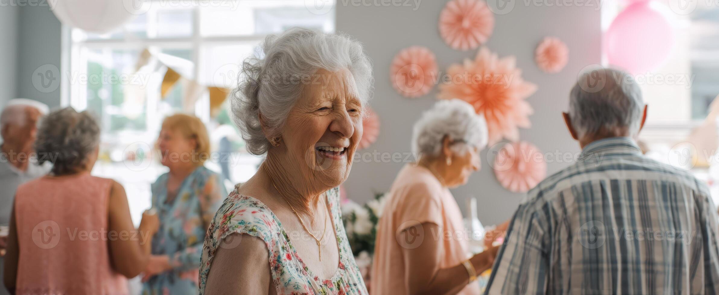 The joyful elderly woman enjoying a vibrant community celebration together with friends. photo