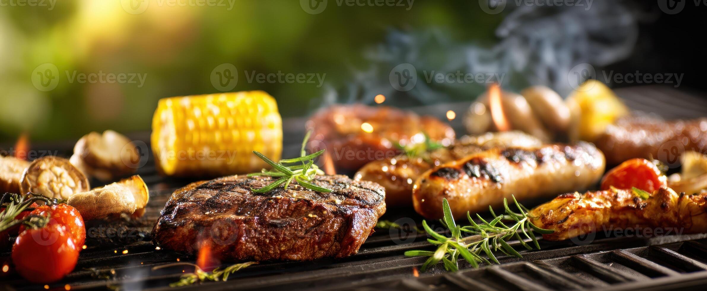 The sizzling grill laden with a variety of meats and vegetables. photo