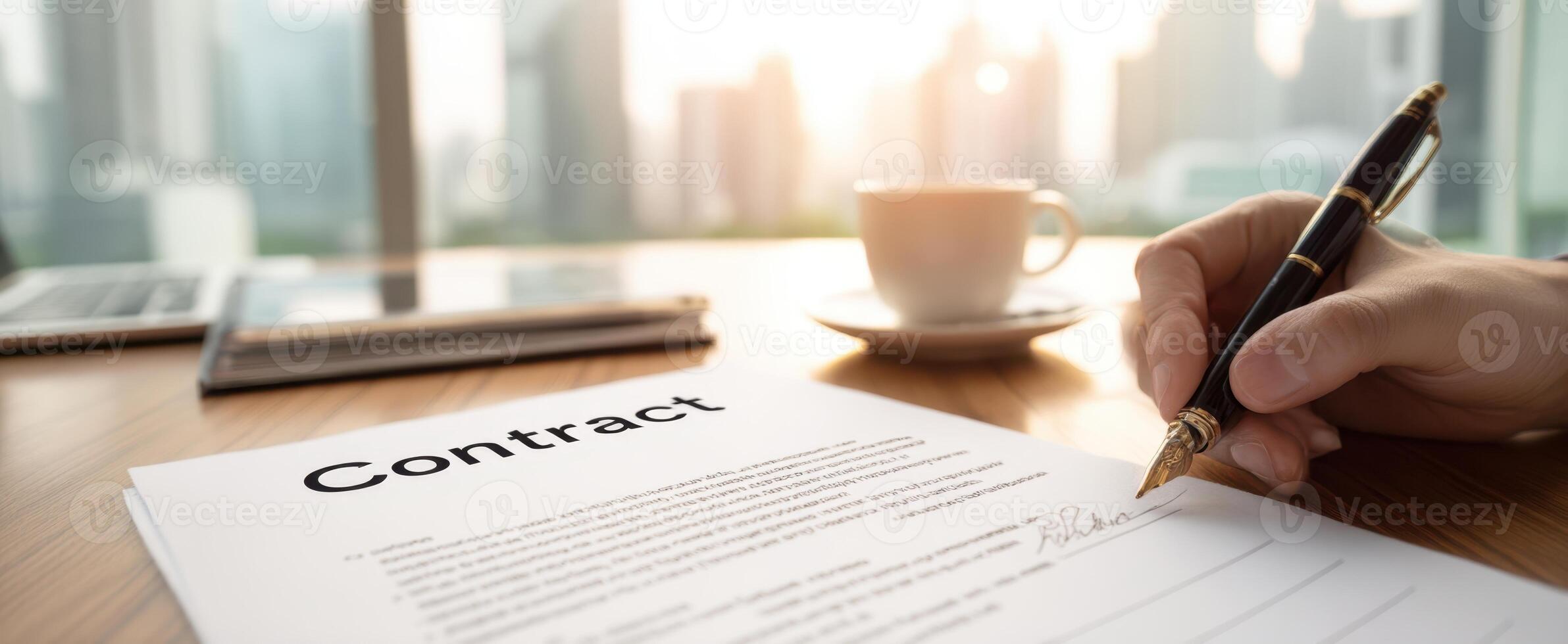 The contract being signed with a beautiful city skyline in the background. photo