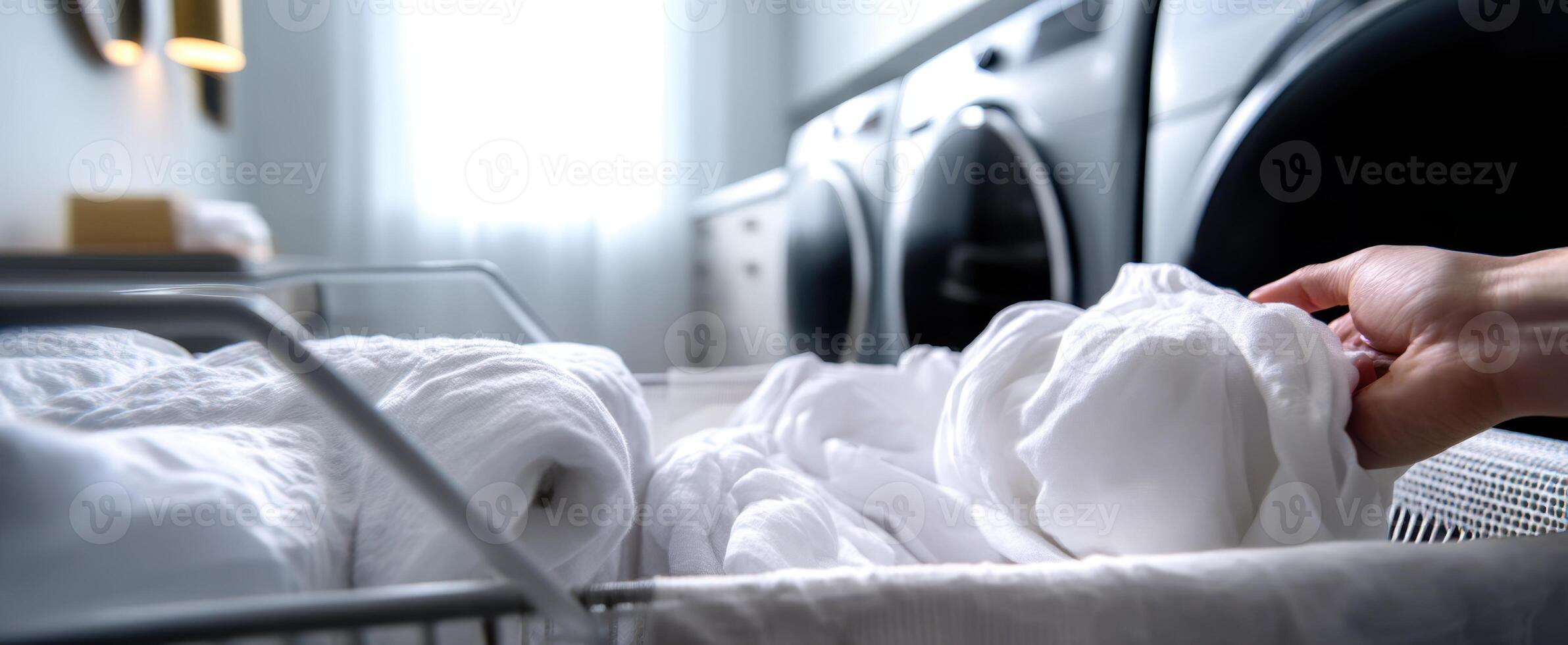 The serene moment of folding freshly laundered white linens in a modern laundry room. photo