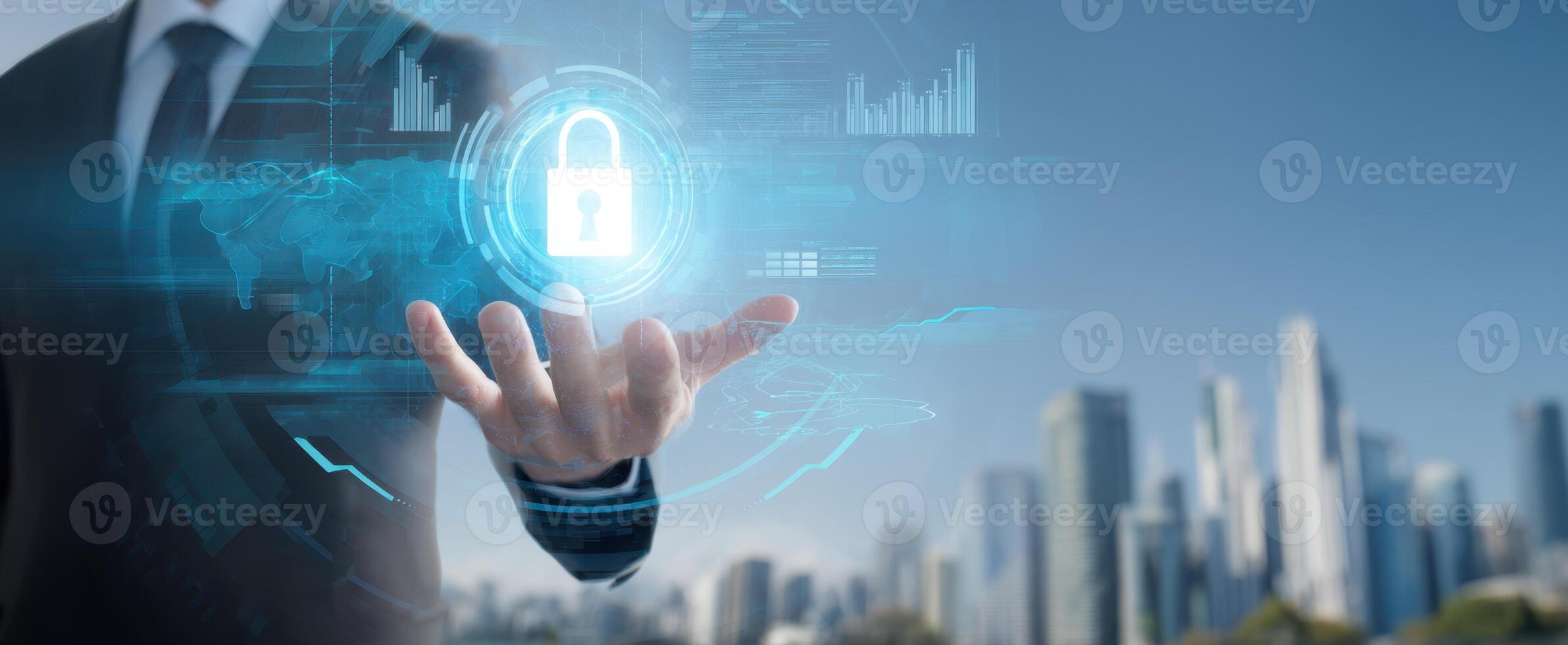 The Businessman Presenting Digital Security Solutions in an Urban Environment photo