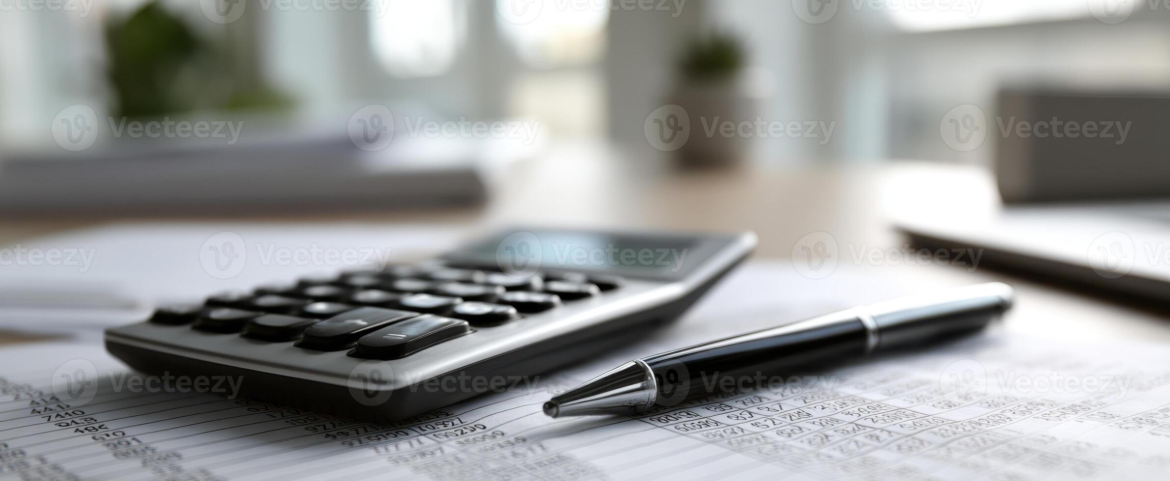 The calculator and pen on a financial document for business analysis. photo