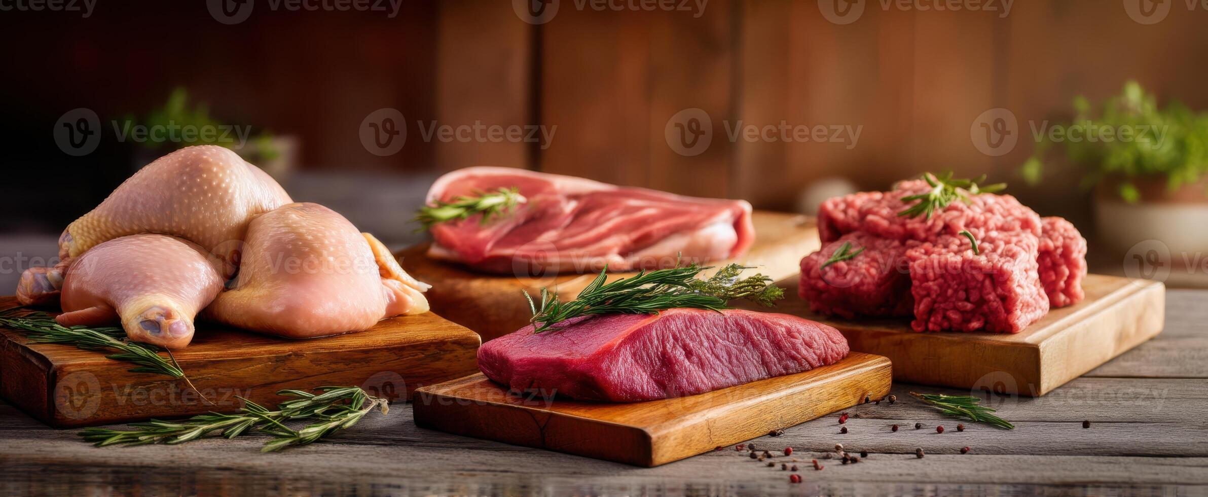 The arrangement of fresh meats on wooden boards with herbs and spices. photo