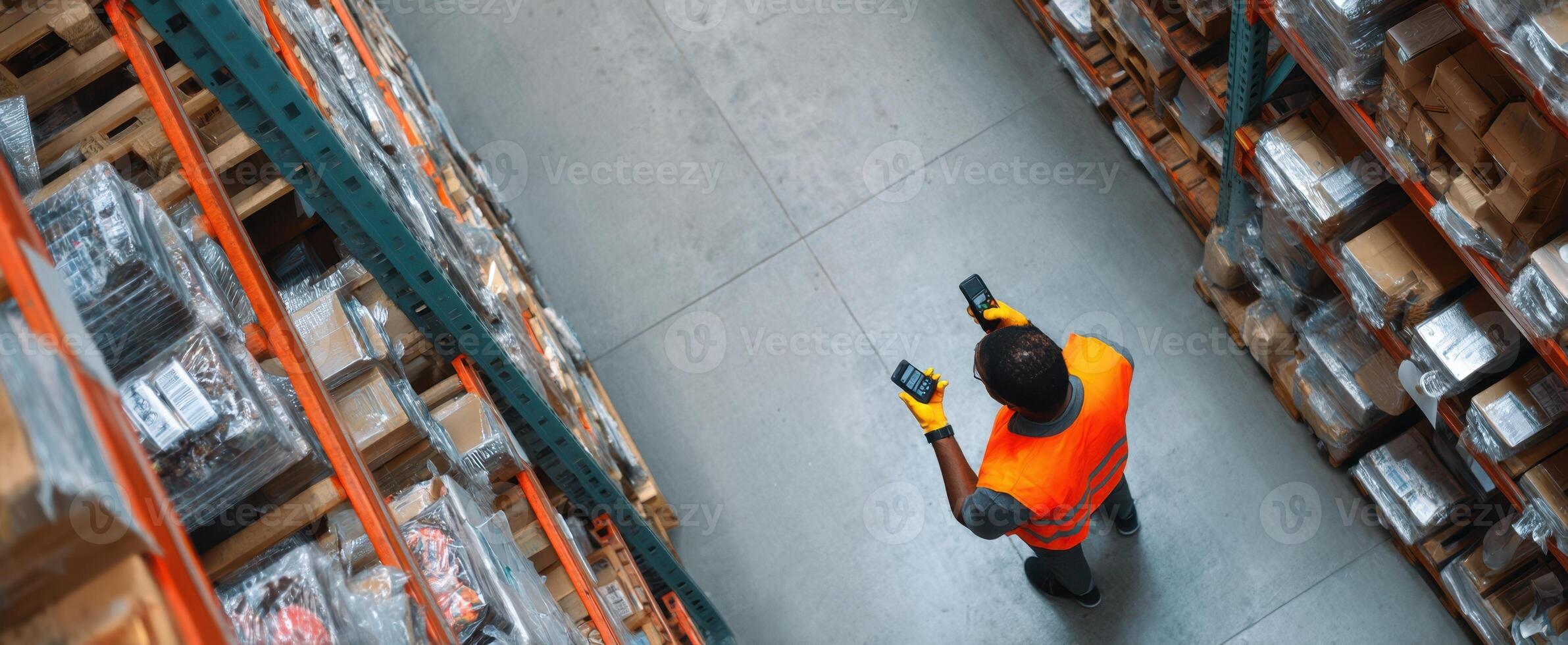 The worker using a smartphone for inventory management in a warehouse setting. photo