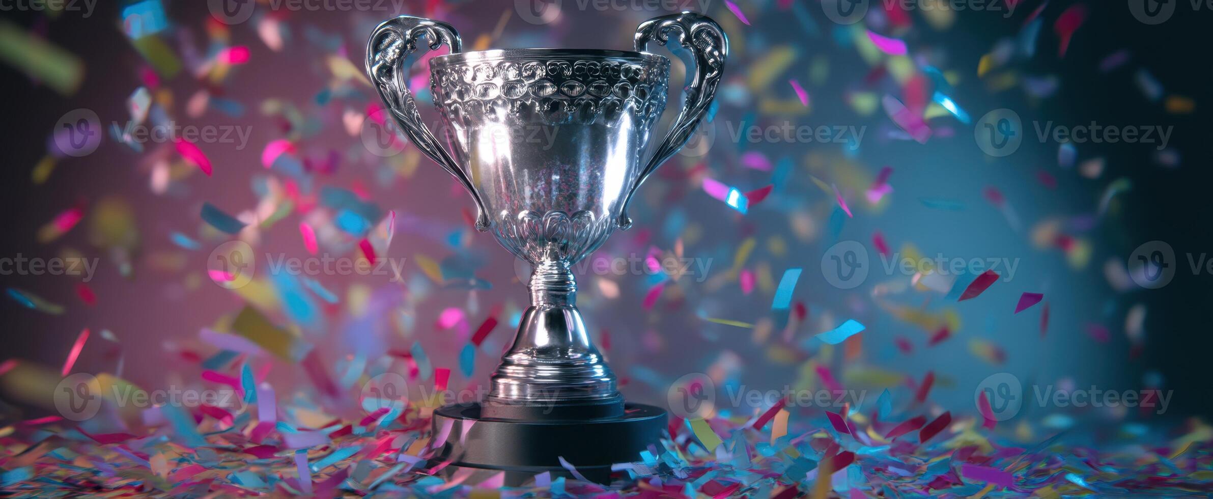 The sparkling trophy surrounded by colorful confetti in a festive celebration photo