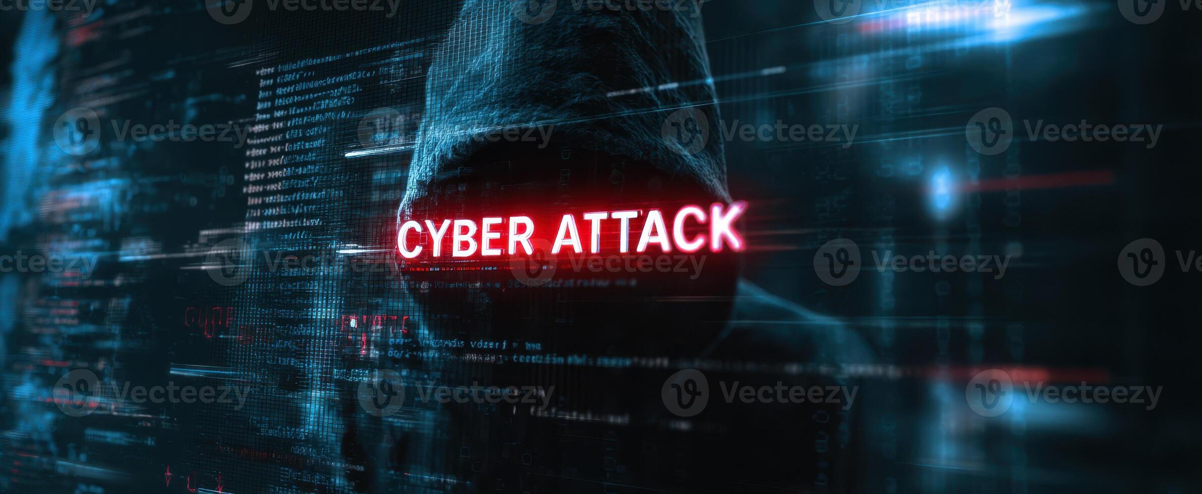 The cyber attack highlighted against a backdrop of digital data and code. photo