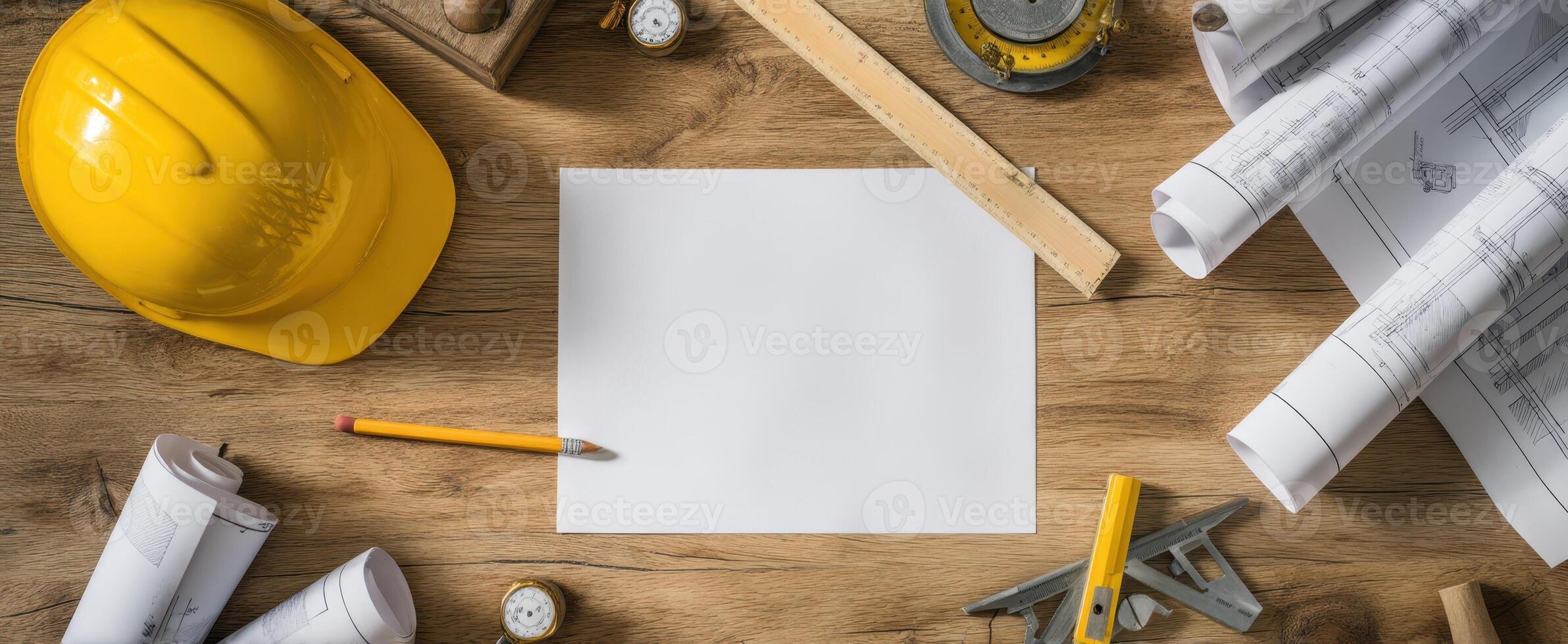The construction workspace showcasing tools and planning materials for a project. photo