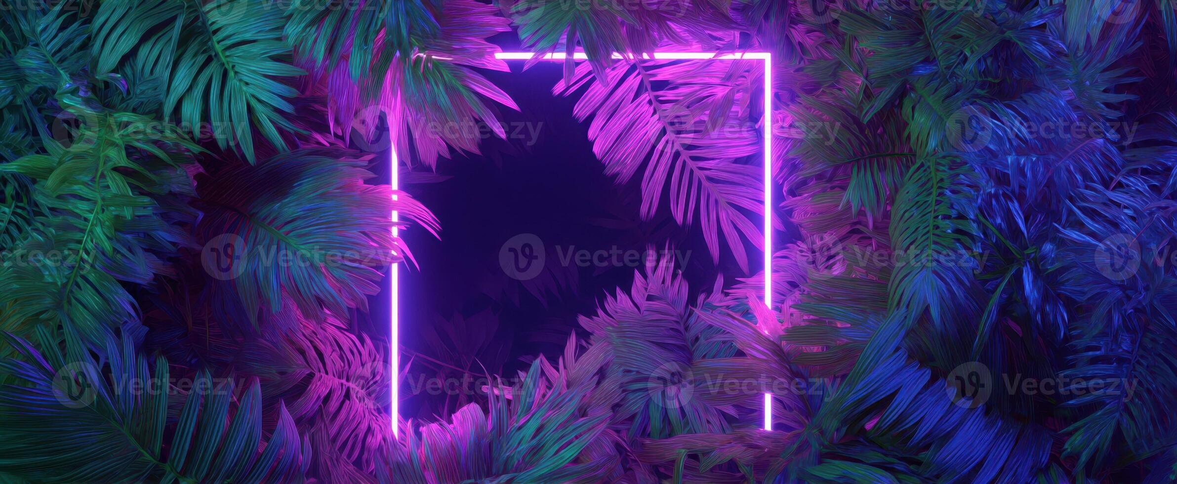 The glowing neon frame surrounded by lush tropical foliage. photo