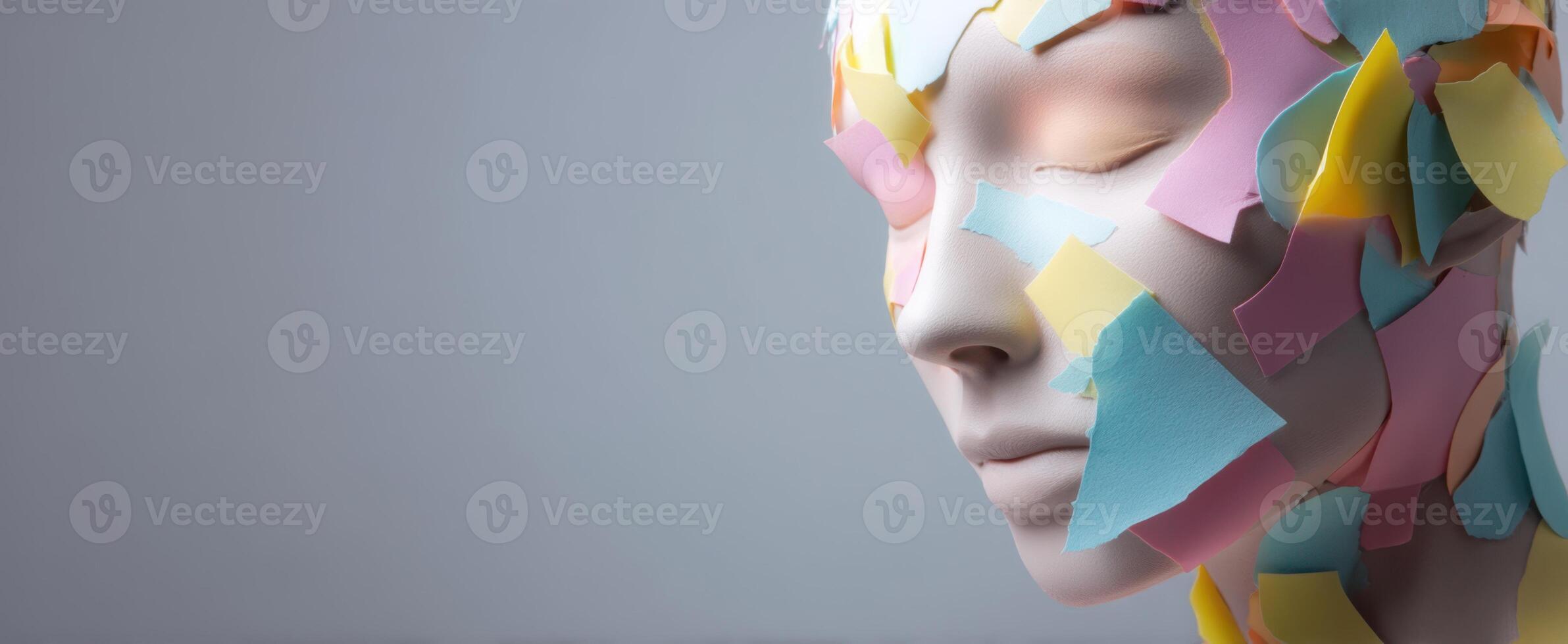 The Abstract Mannequin Featuring Colorful Paper Layers on Its Face photo