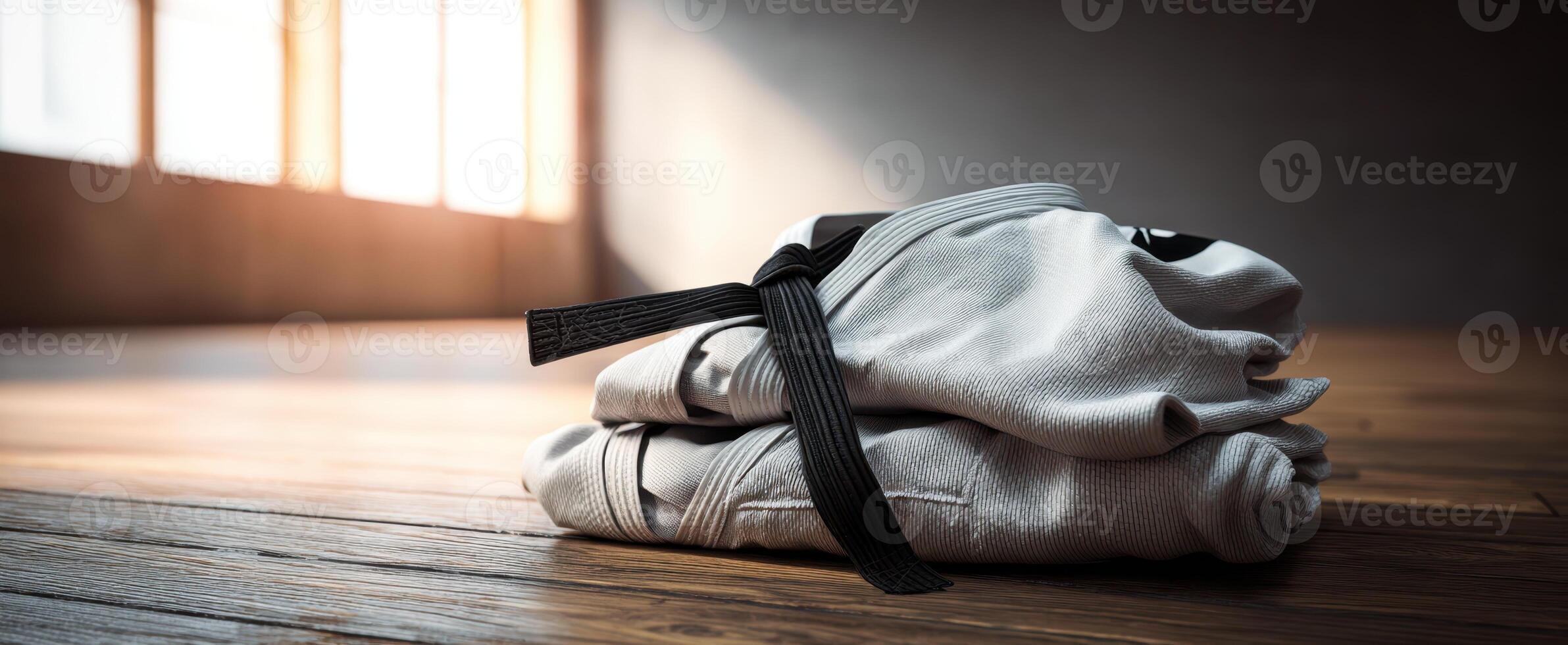 The folded martial arts uniform with a black belt resting on wooden floor. photo
