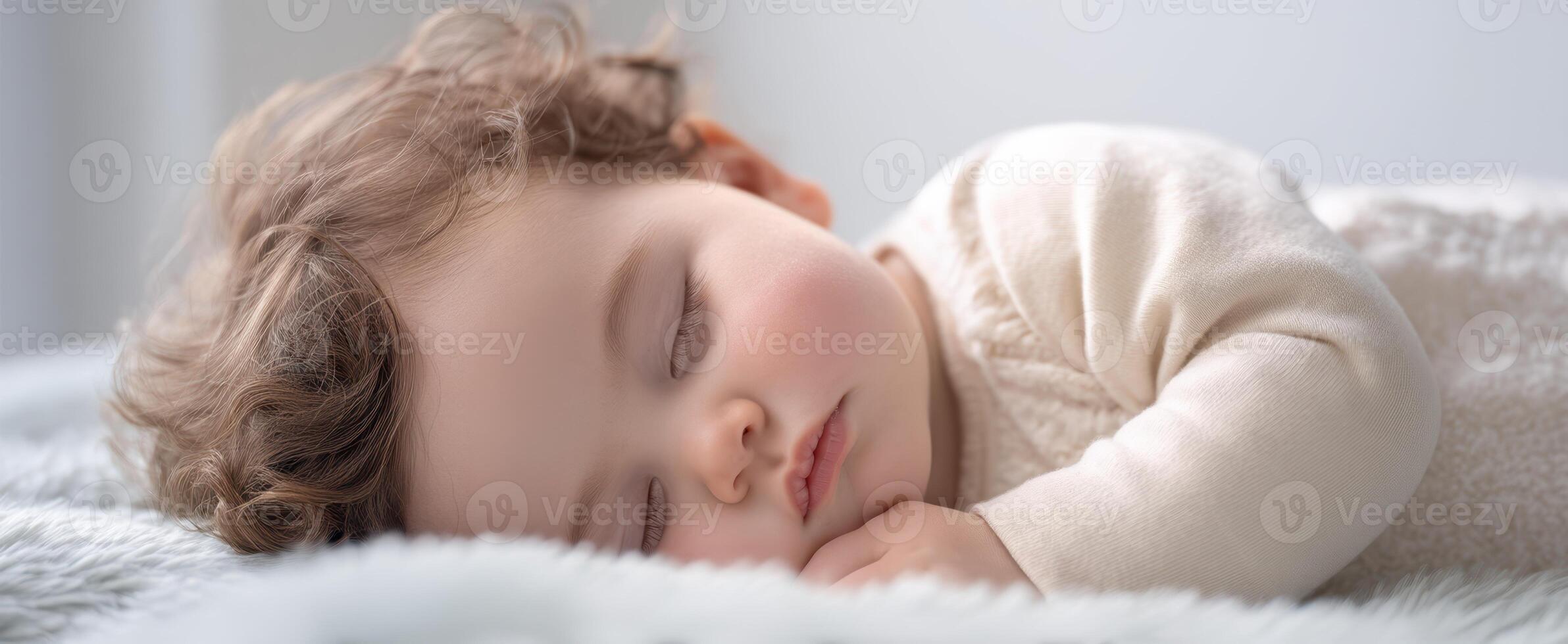 The adorable baby peacefully sleeping on a soft, cozy blanket. photo