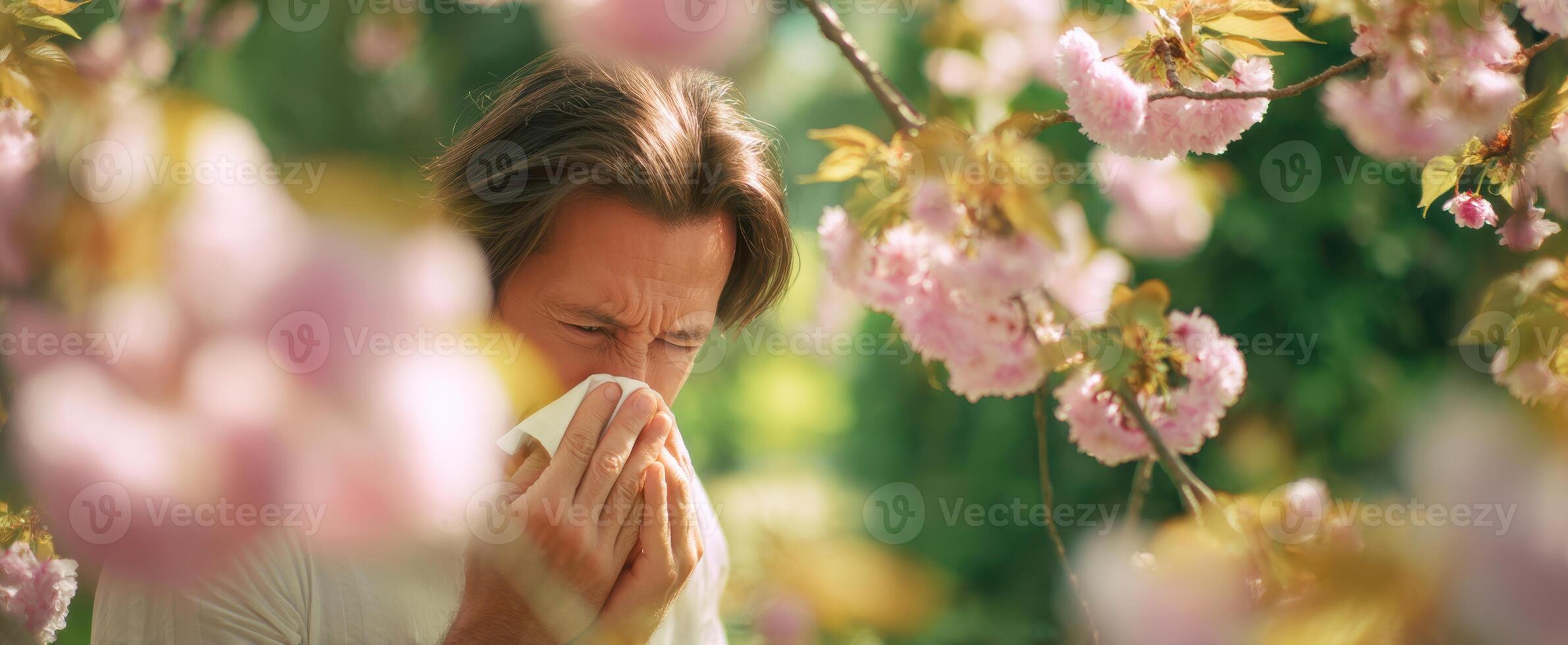 The man experiencing allergies amidst beautiful spring blossoms. photo