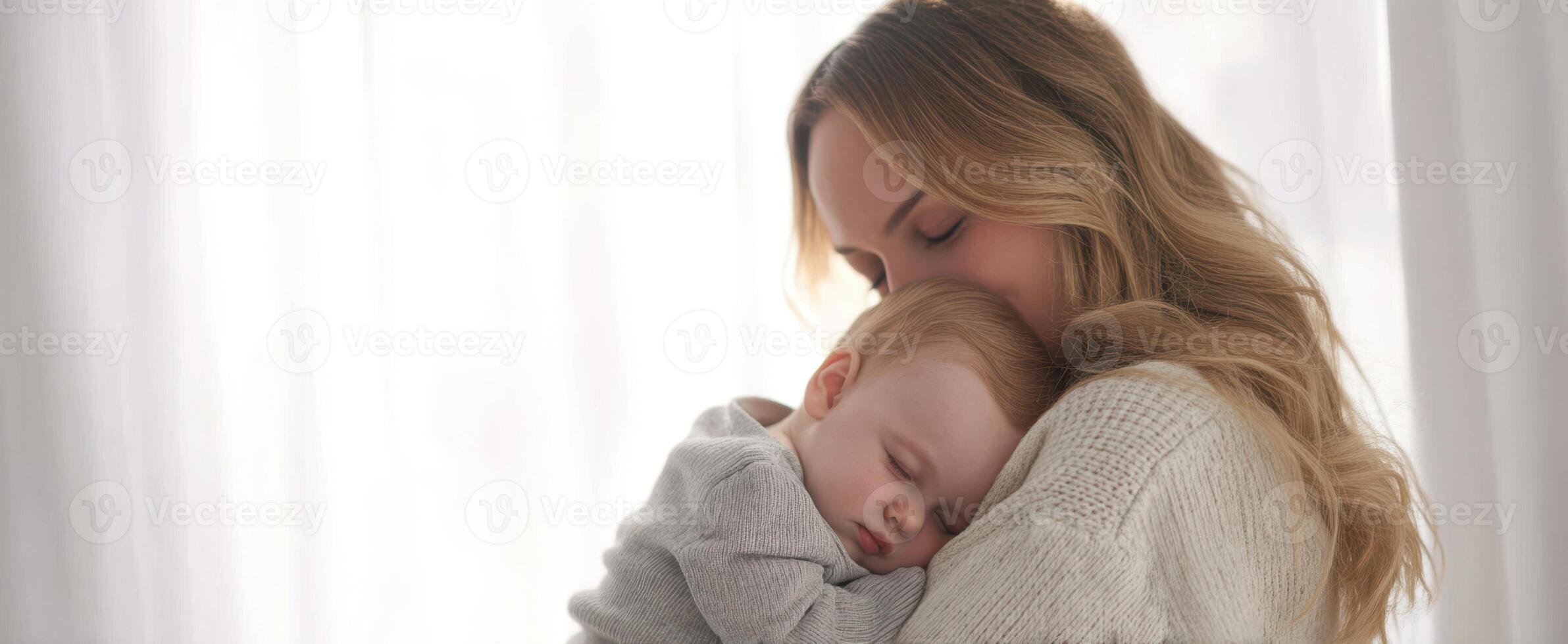 The loving embrace of a mother and her sleeping baby in a cozy environment. photo