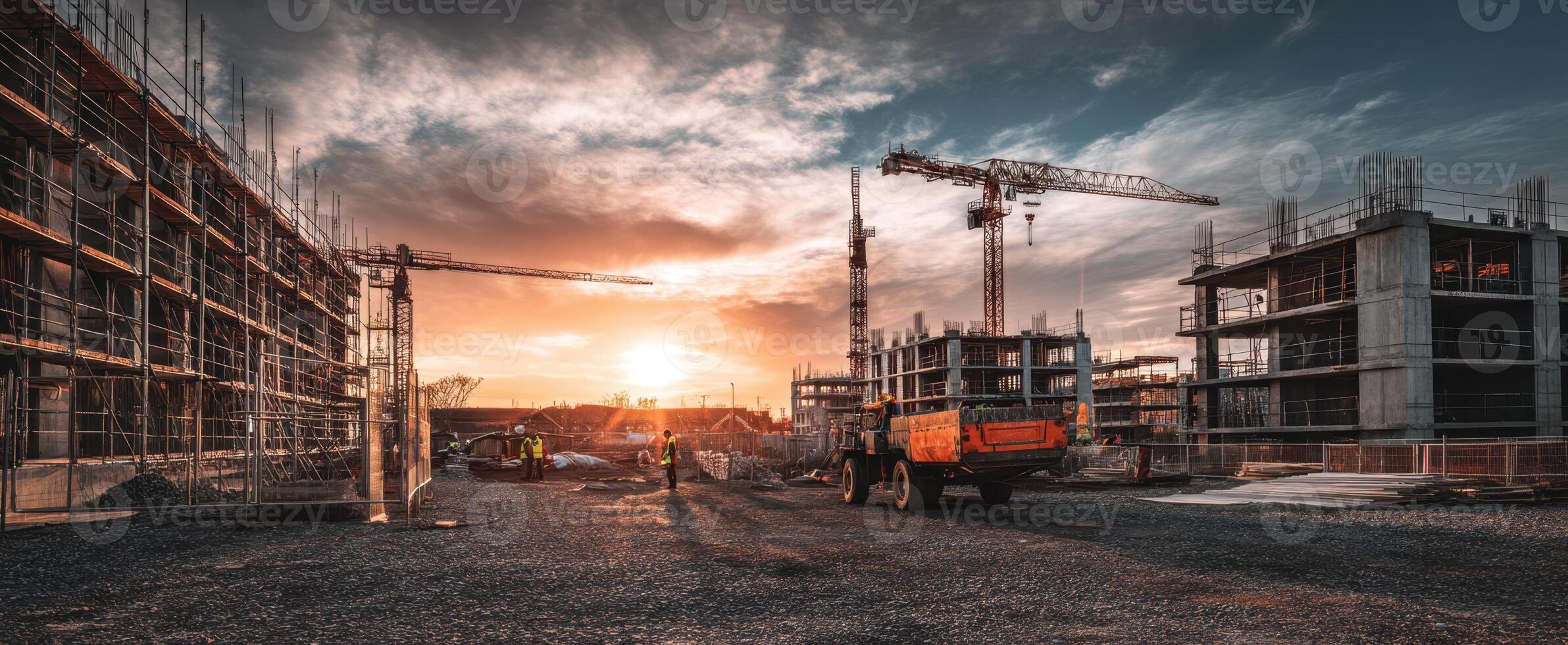 The construction site at sunset with cranes and workers collaborating. photo