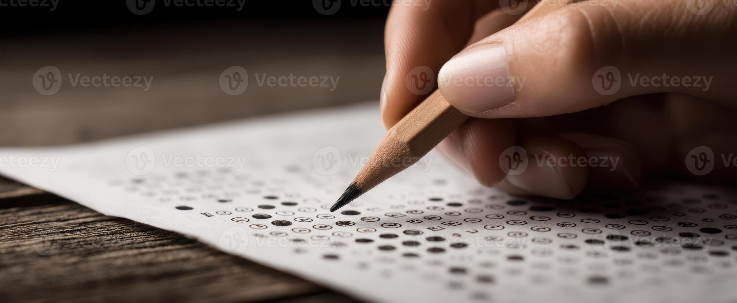 The hand holding a pencil marking answers on a test sheet. photo