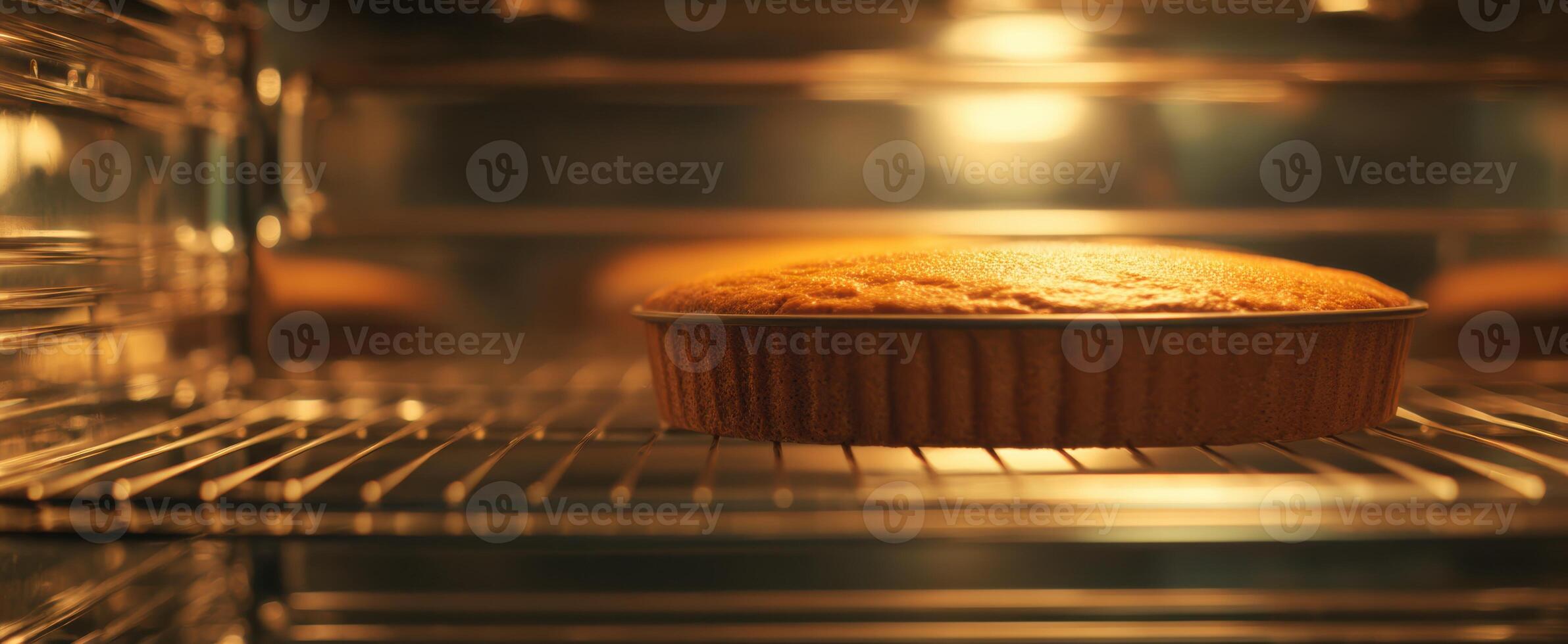 The cake baking in an oven with a warm, inviting glow. photo
