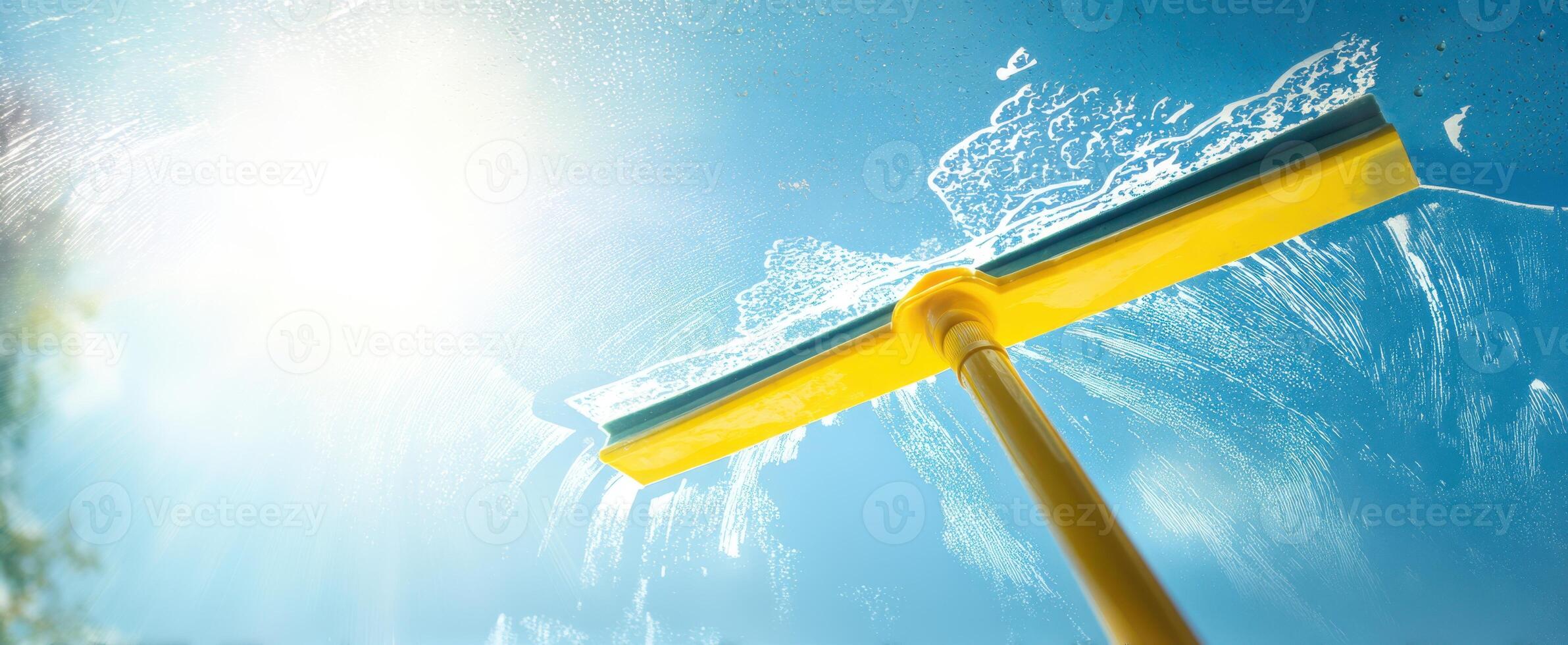 The Squeegee Reflects Bright Sunlight While Cleaning a Window Surface. photo