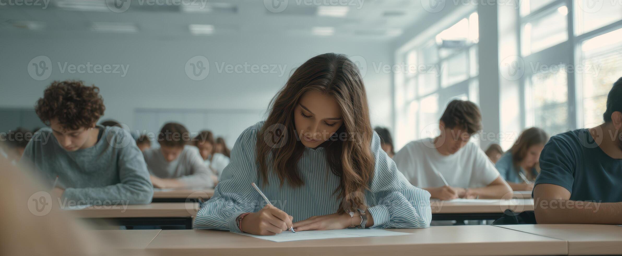 The students focused on writing their exams in a bright classroom setting. photo