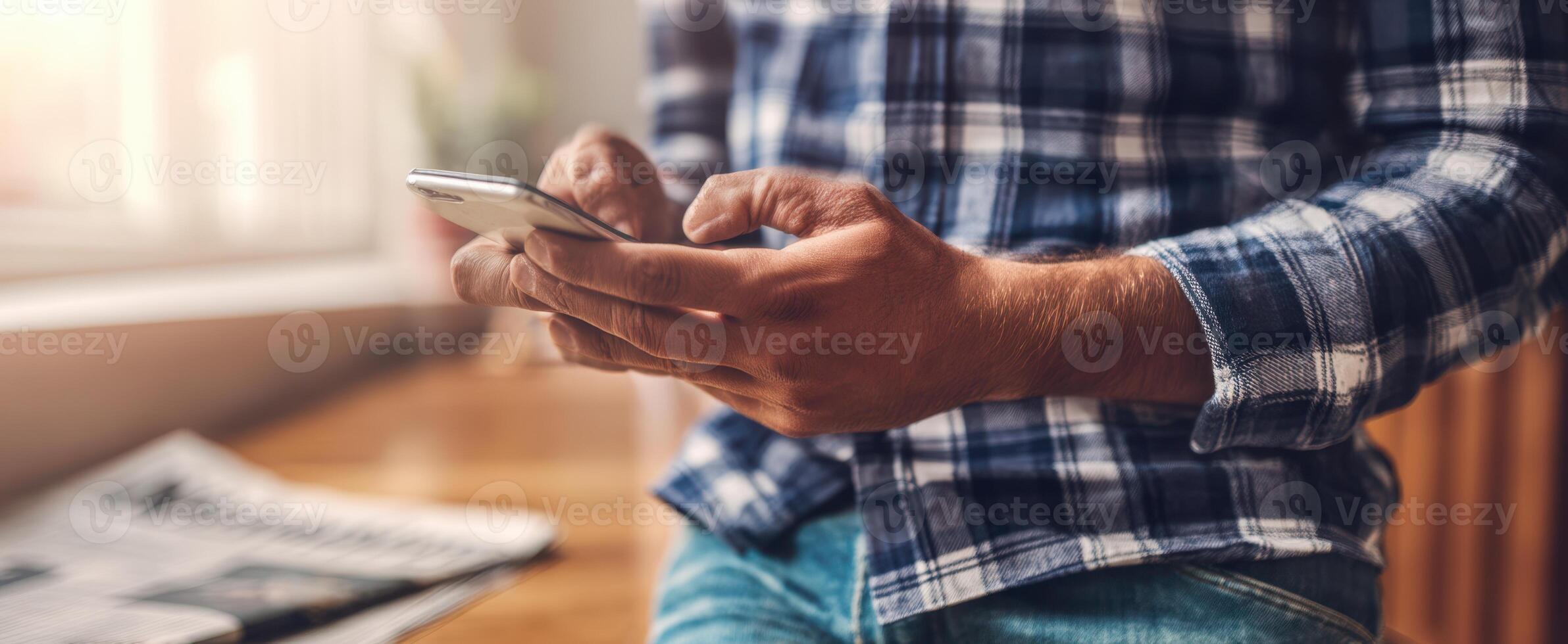 The man using a smartphone while sitting by the window with a newspaper. photo