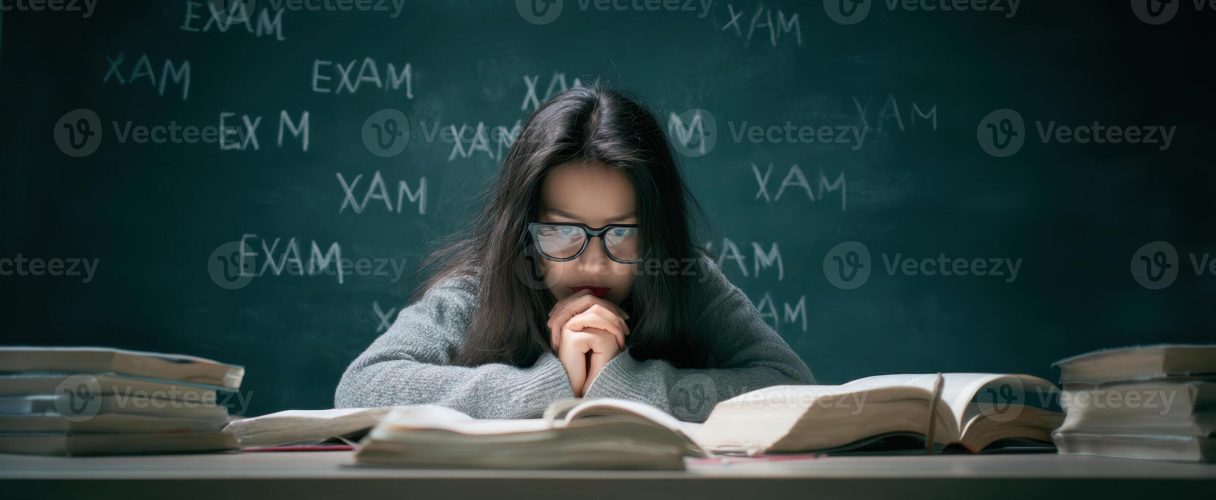 The focused student studying hard in preparation for an important exam. photo