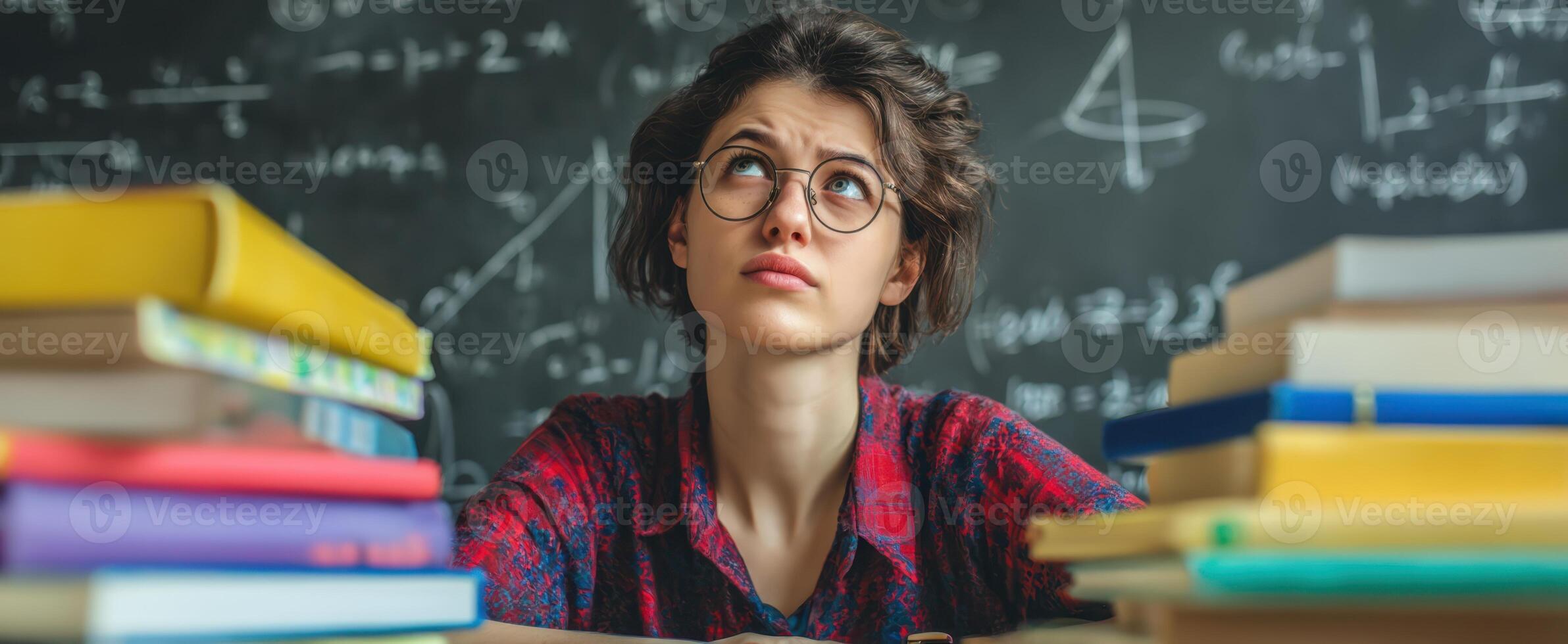 The thoughtful student surrounded by books in a math classroom setting. photo