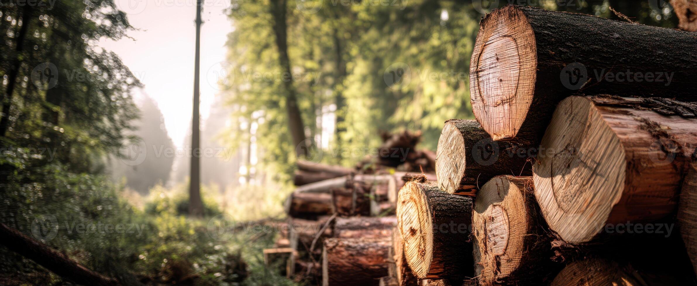 The Stacked Logs Enhancing A Peaceful Forest Scene At Dawn photo