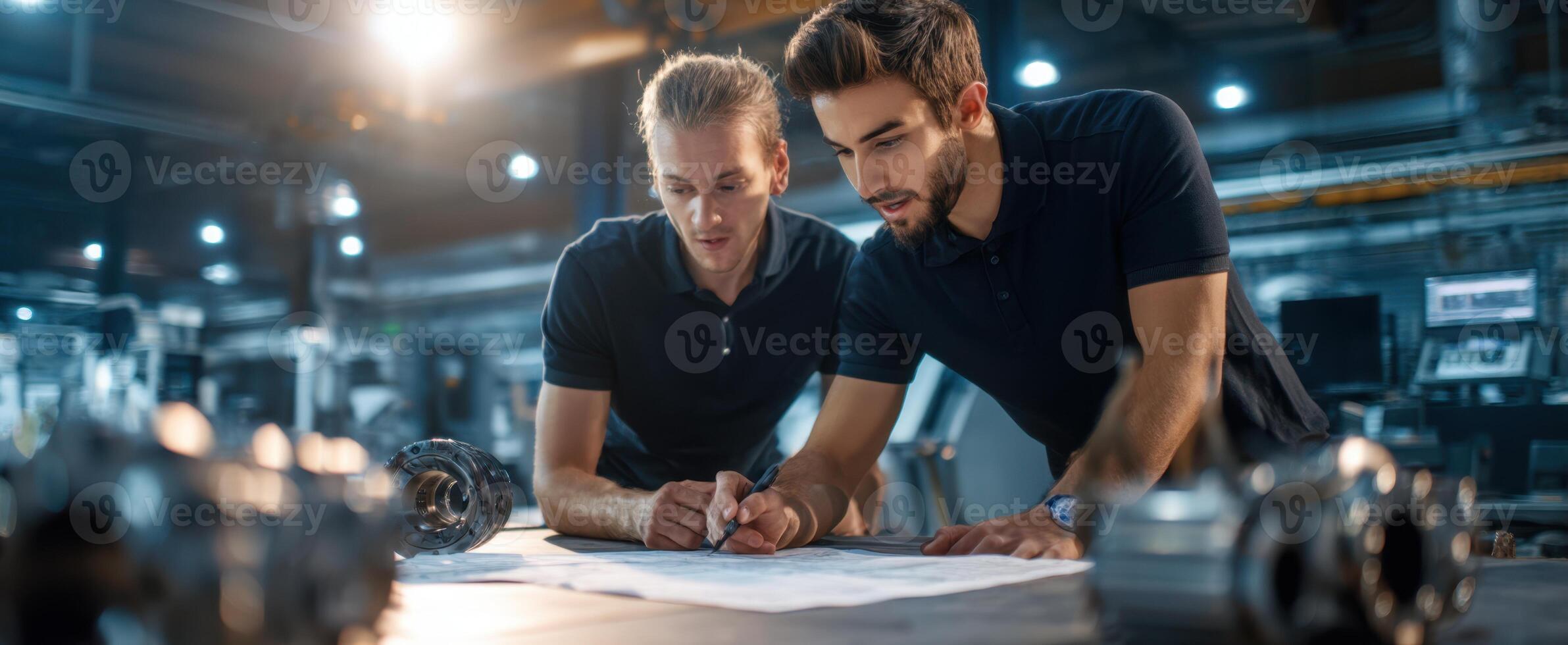 The engineers analyzing project plans and discussing designs in an industrial workspace. photo