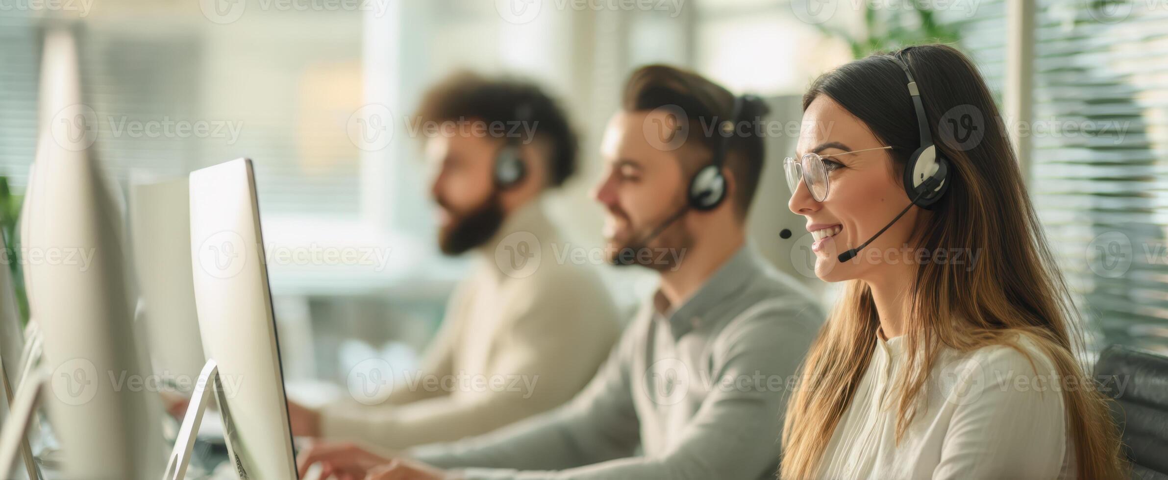 The vibrant workspace of a dynamic call center team enhancing customer experience. photo