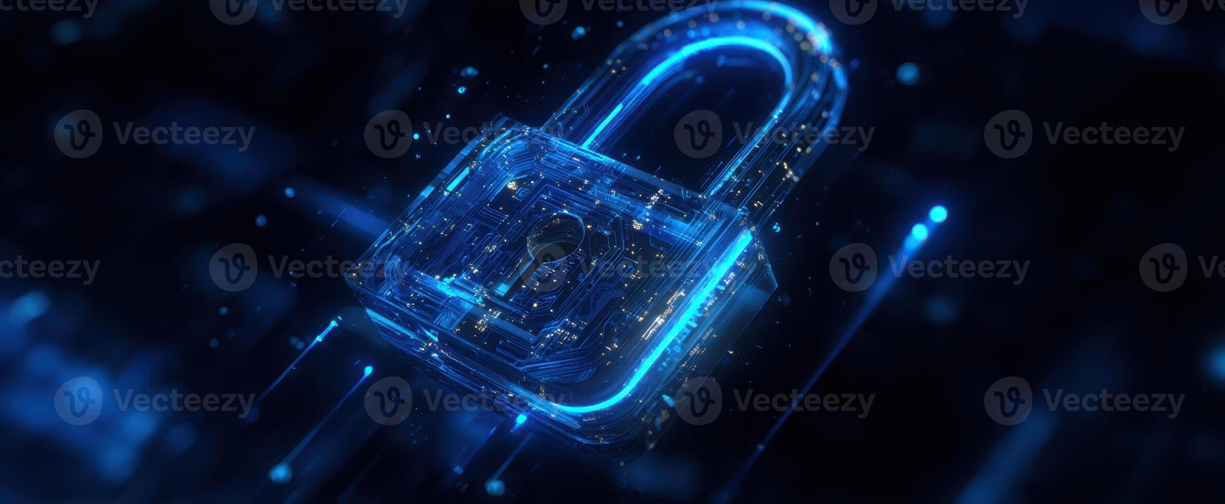 The blue digital padlock symbolizing cybersecurity and data protection. photo