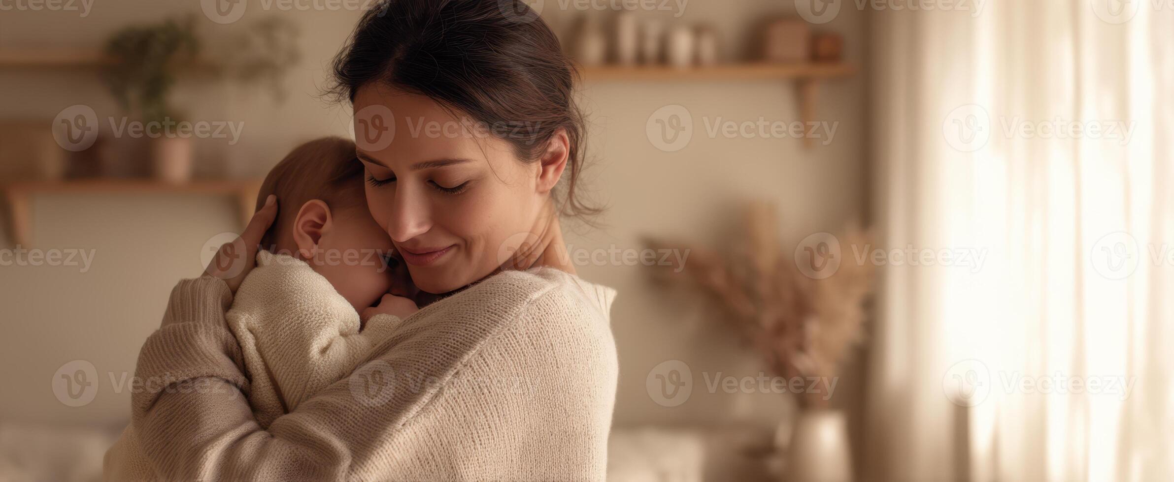 The mother embracing her baby in a serene home environment. photo