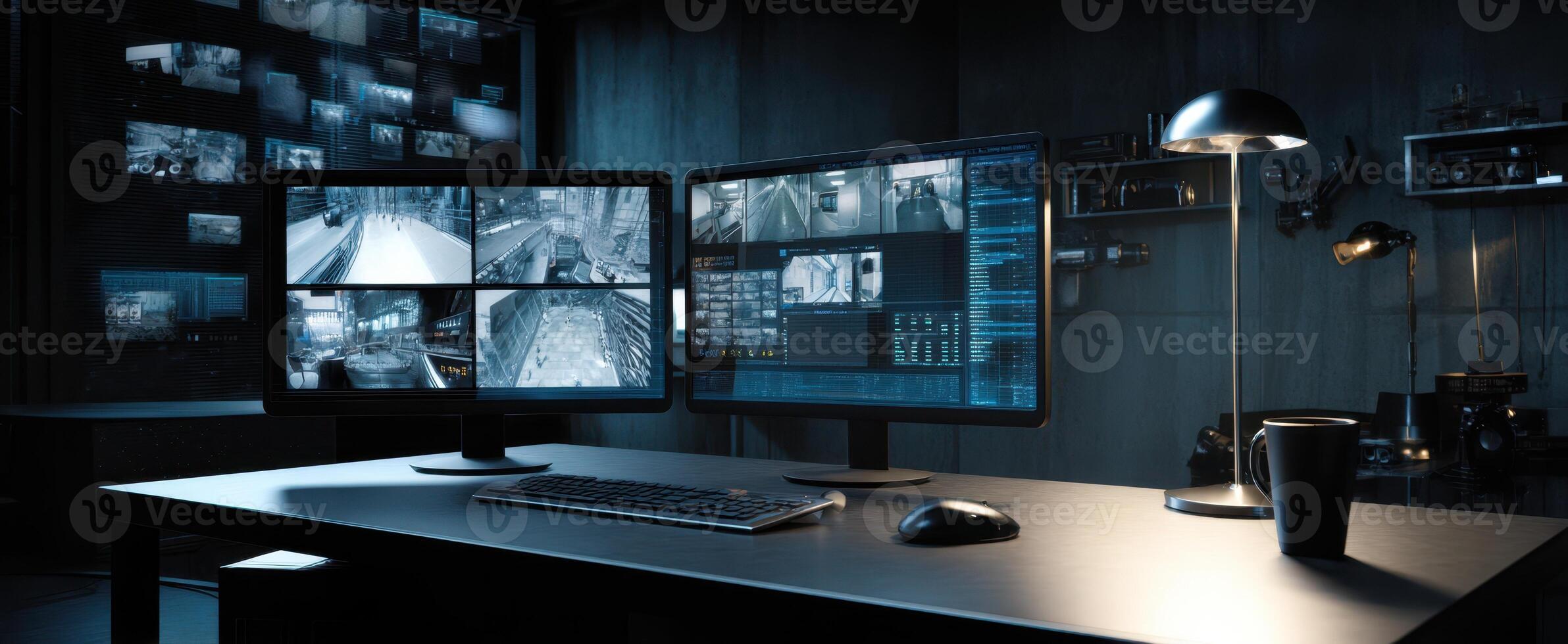 The high-tech surveillance desk with dual monitors and a modern design. photo