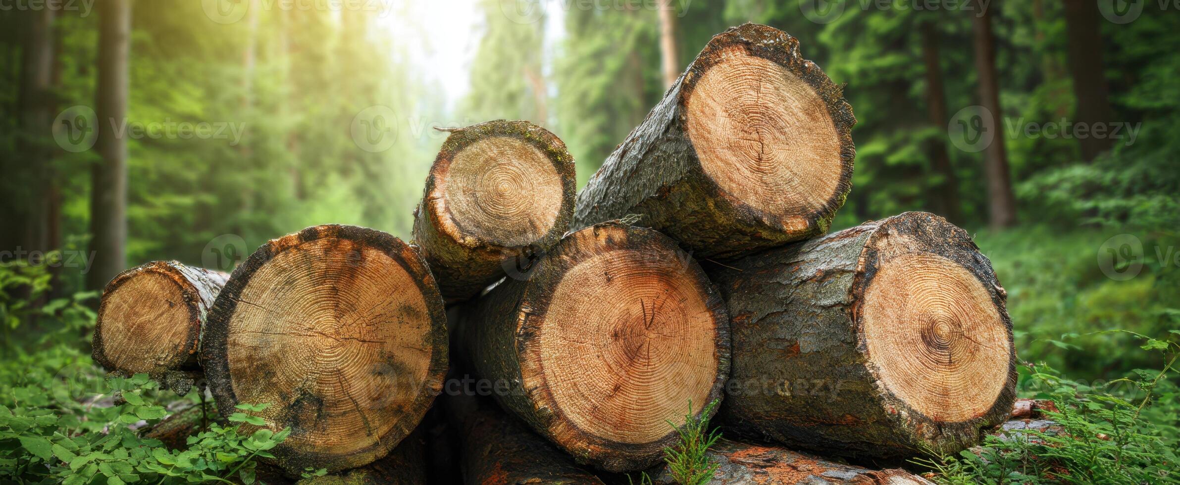 The stacked logs surrounded by lush greenery in a serene forest setting. photo