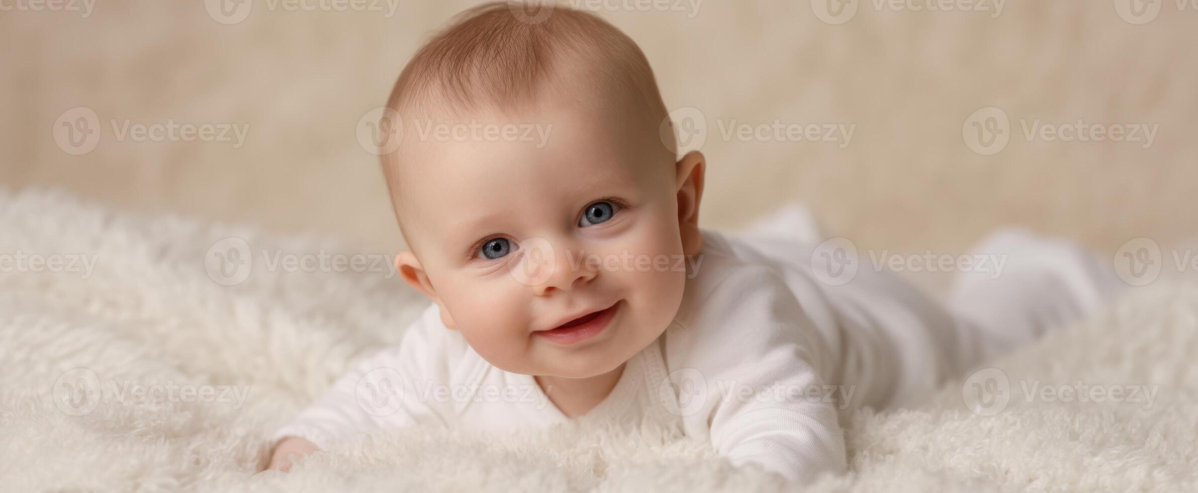 The adorable baby smiling on a soft fluffy blanket. photo