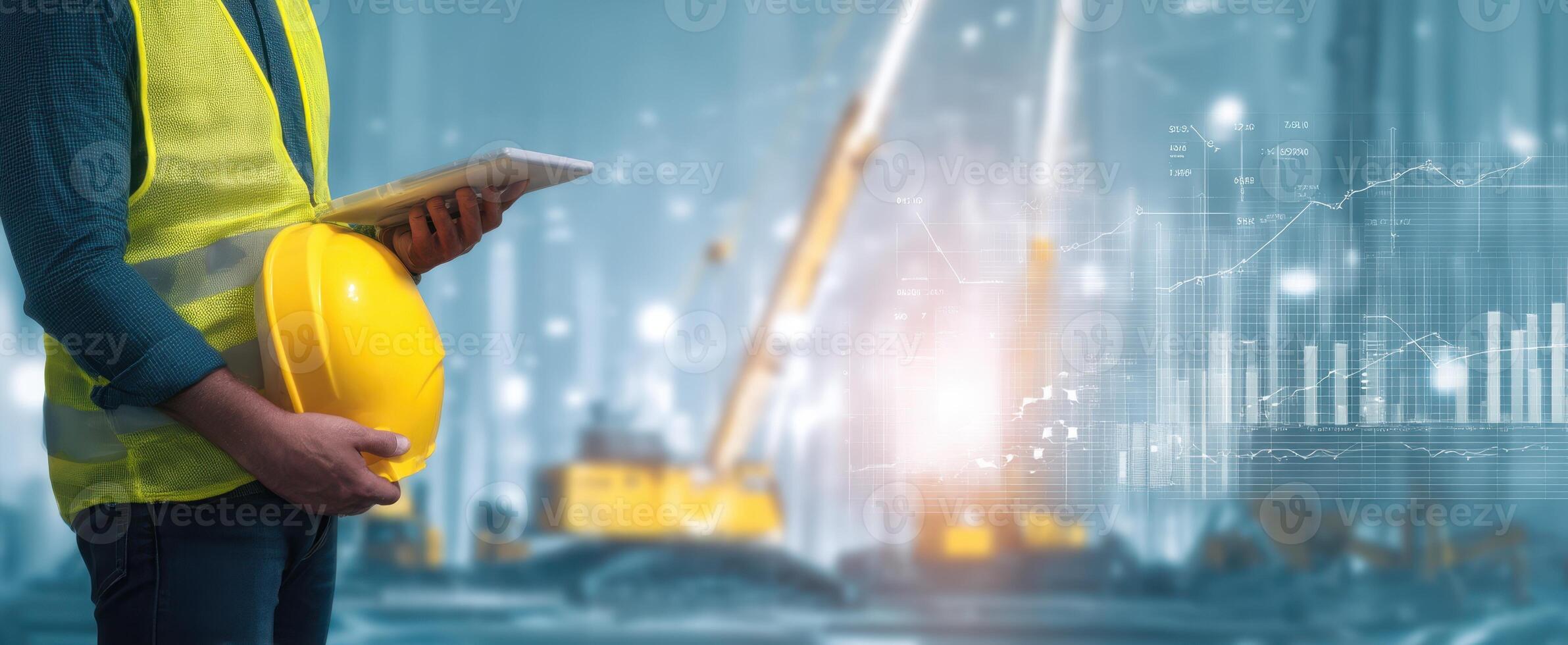 The construction worker analyzing data on a tablet at a job site. photo