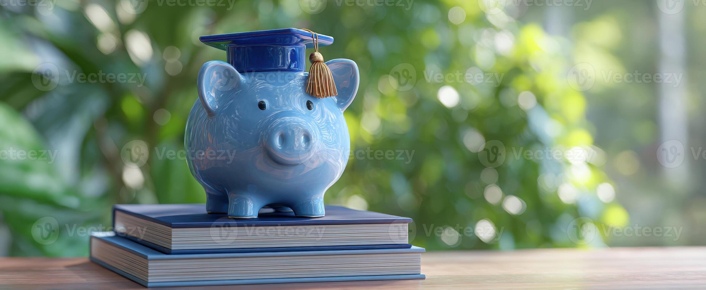 The blue piggy bank wearing a graduation cap symbolizes educational savings and success. photo