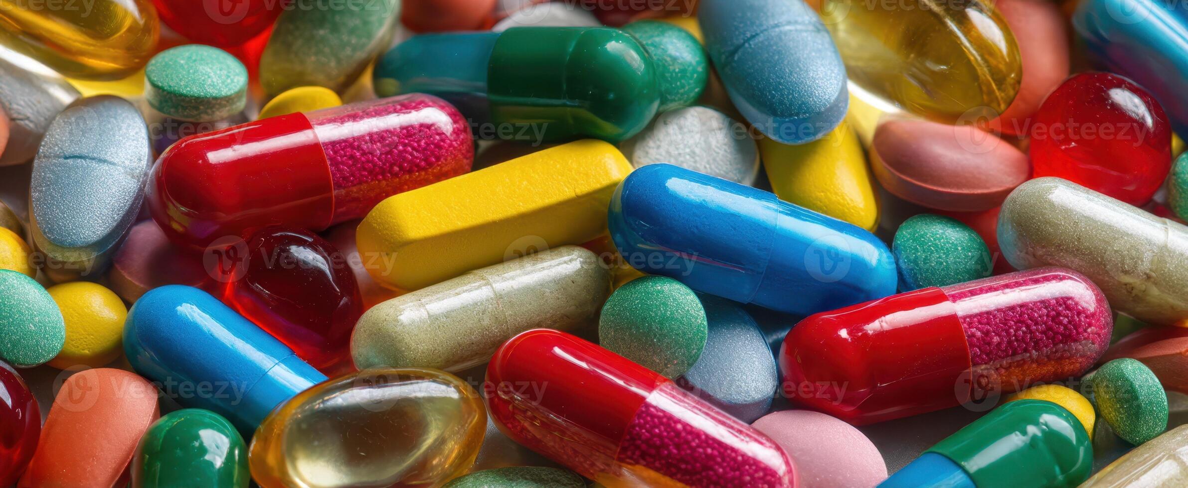 The vibrant array of pills and capsules showcasing various health supplements. photo