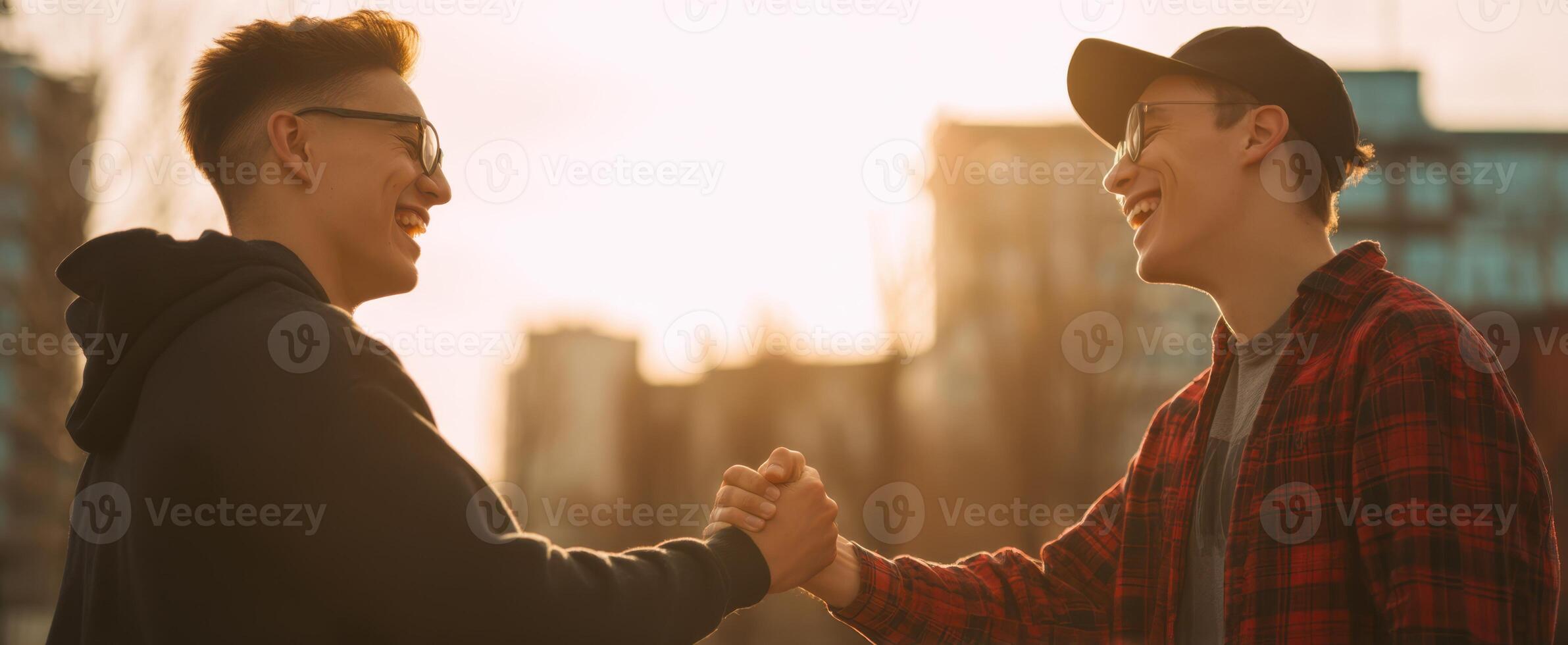 The two friends exchanging a warm handshake during a sunset in the city. photo