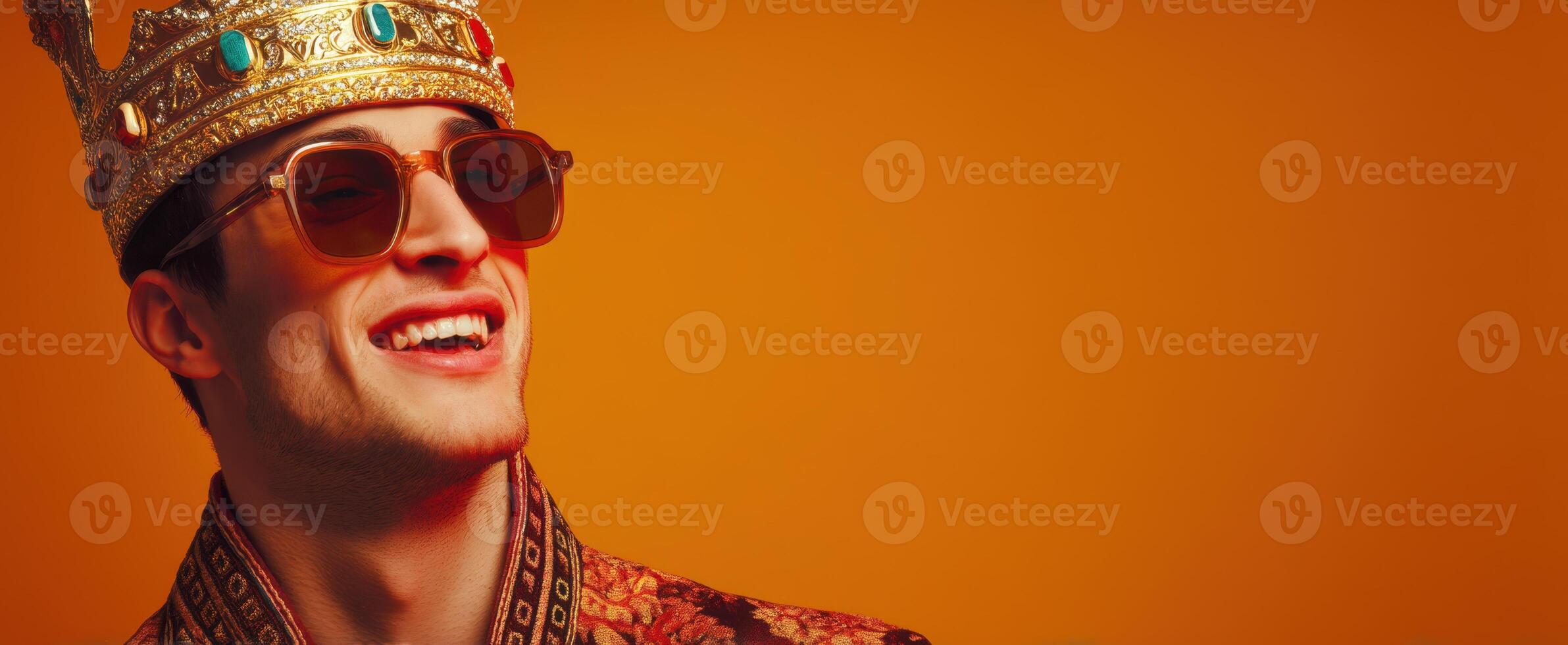 The confident young man wearing a crown and sunglasses smiles stylishly against a vibrant background photo