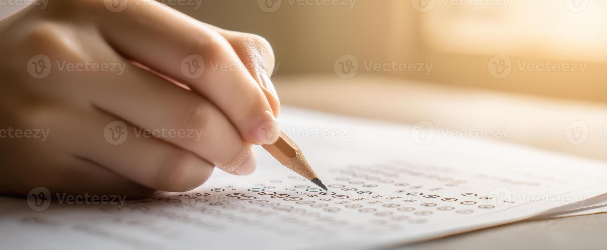 The focused hand writing answers on a test sheet during an exam. photo